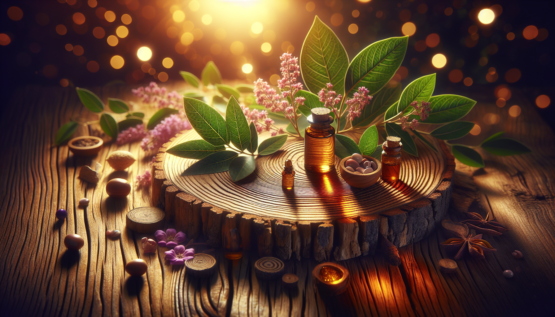 A conceptual illustration representing Safety and Quality Considerations. Visualize the main ideas: . Creative but clear representation of the concept. Style: Use shallow depth of field with selective focus to create a professional, intimate feel  Employ warm, natural lighting that casts a honey-golden glow on the main subjects  Position items on a rustic wooden surface, preferably a cross-section of a tree trunk with visible rings and natural texture  Incorporate vibrant green foliage and delicate purple flowers around the composition's edges  Maintain a soft, gently blurred natural background with subtle bokeh effect  Feature a harmonious color palette of amber, deep greens, and soft purples  Arrange elements at varying heights to create visual interest and natural flow  Create a clean, uncluttered composition that feels organic yet intentional  Capture fine details and textures with macro-photography techniques  Evoke a serene, botanical spa-like atmosphere that feels both premium and natural. high quality, detailed, professional, clean composition, good lighting, sharp focus, well-composed. high quality, professional, detailed, well-composed