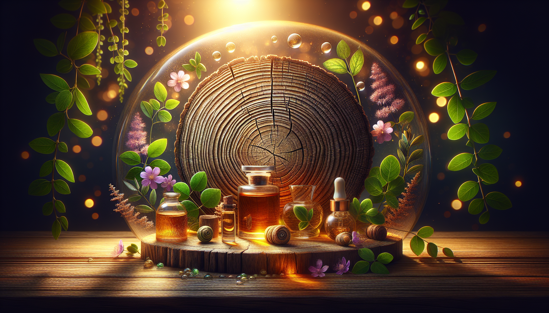 A conceptual illustration representing Introduction - A Breath of Fresh Air. Visualize the main ideas: . Creative but clear representation of the concept. Style: Use shallow depth of field with selective focus to create a professional, intimate feel  Employ warm, natural lighting that casts a honey-golden glow on the main subjects  Position items on a rustic wooden surface, preferably a cross-section of a tree trunk with visible rings and natural texture  Incorporate vibrant green foliage and delicate purple flowers around the composition's edges  Maintain a soft, gently blurred natural background with subtle bokeh effect  Feature a harmonious color palette of amber, deep greens, and soft purples  Arrange elements at varying heights to create visual interest and natural flow  Create a clean, uncluttered composition that feels organic yet intentional  Capture fine details and textures with macro-photography techniques  Evoke a serene, botanical spa-like atmosphere that feels both premium and natural. high quality, detailed, professional, clean composition, good lighting, sharp focus, well-composed. high quality, professional, detailed, well-composed