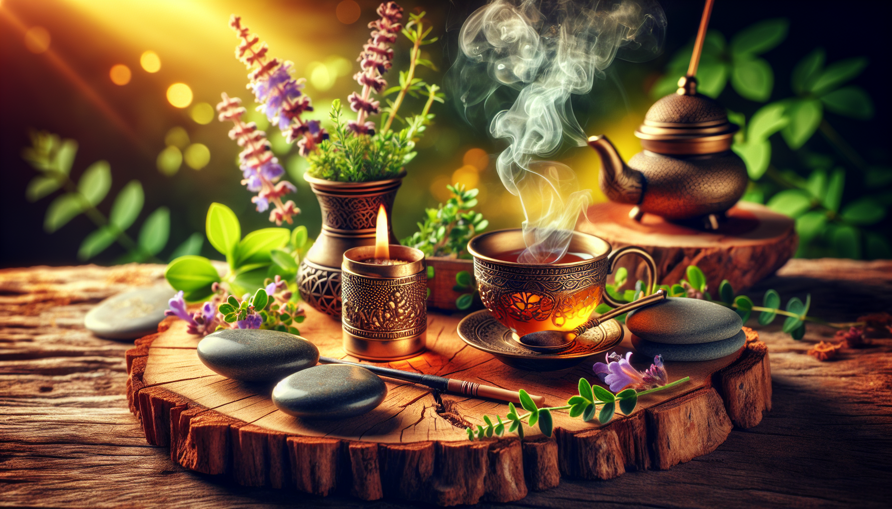 A conceptual illustration representing Stress Reduction and Relaxation. Visualize the main ideas: . Creative but clear representation of the concept. Style: Use shallow depth of field with selective focus to create a professional, intimate feel  Employ warm, natural lighting that casts a honey-golden glow on the main subjects  Position items on a rustic wooden surface, preferably a cross-section of a tree trunk with visible rings and natural texture  Incorporate vibrant green foliage and delicate purple flowers around the composition's edges  Maintain a soft, gently blurred natural background with subtle bokeh effect  Feature a harmonious color palette of amber, deep greens, and soft purples  Arrange elements at varying heights to create visual interest and natural flow  Create a clean, uncluttered composition that feels organic yet intentional  Capture fine details and textures with macro-photography techniques  Evoke a serene, botanical spa-like atmosphere that feels both premium and natural. high quality, detailed, professional, clean composition, good lighting, sharp focus, well-composed. high quality, professional, detailed, well-composed