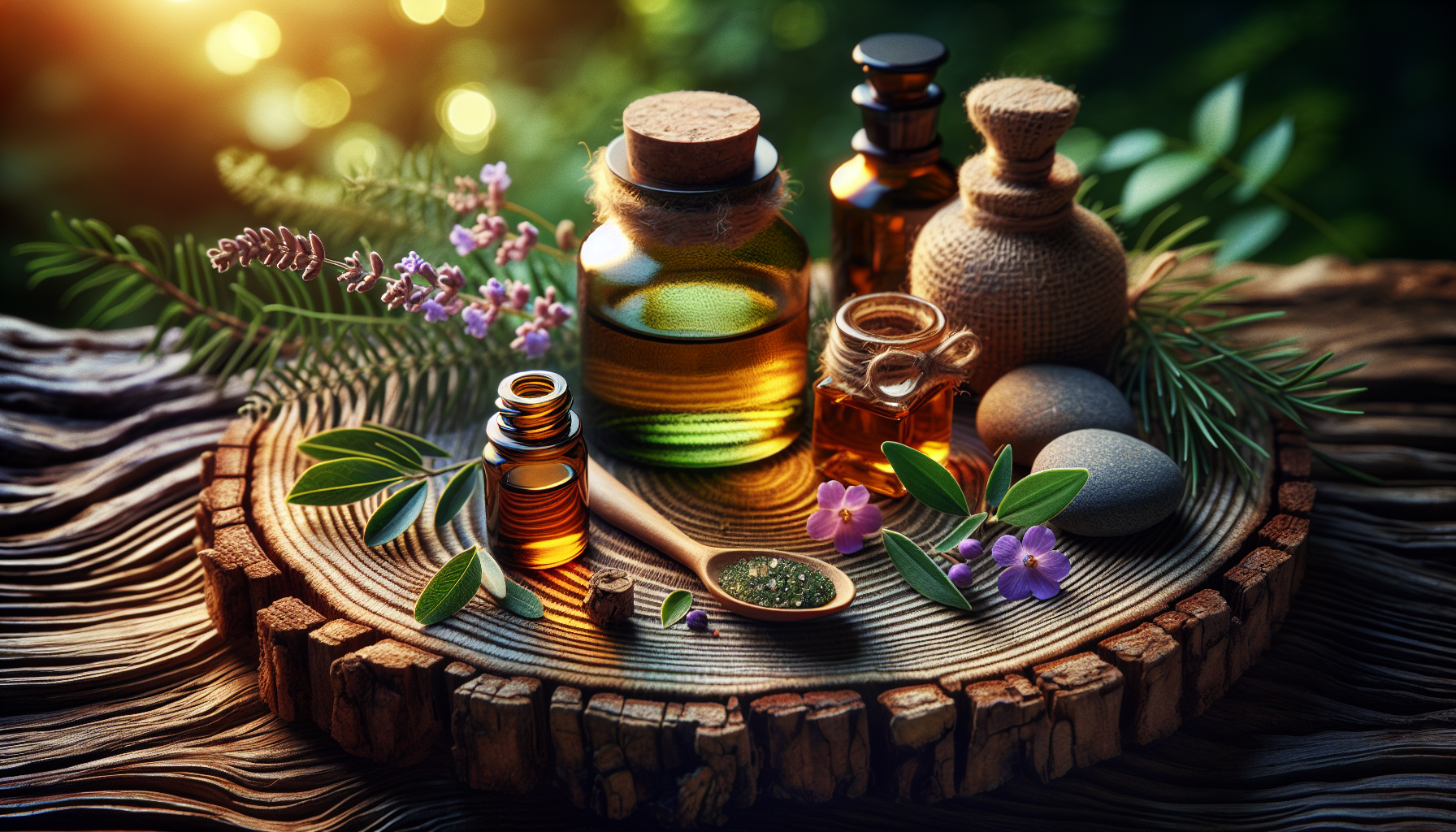 A conceptual illustration representing Boosting Mood and Energy. Visualize the main ideas: . Creative but clear representation of the concept. Style: Use shallow depth of field with selective focus to create a professional, intimate feel  Employ warm, natural lighting that casts a honey-golden glow on the main subjects  Position items on a rustic wooden surface, preferably a cross-section of a tree trunk with visible rings and natural texture  Incorporate vibrant green foliage and delicate purple flowers around the composition's edges  Maintain a soft, gently blurred natural background with subtle bokeh effect  Feature a harmonious color palette of amber, deep greens, and soft purples  Arrange elements at varying heights to create visual interest and natural flow  Create a clean, uncluttered composition that feels organic yet intentional  Capture fine details and textures with macro-photography techniques  Evoke a serene, botanical spa-like atmosphere that feels both premium and natural. high quality, detailed, professional, clean composition, good lighting, sharp focus, well-composed. high quality, professional, detailed, well-composed