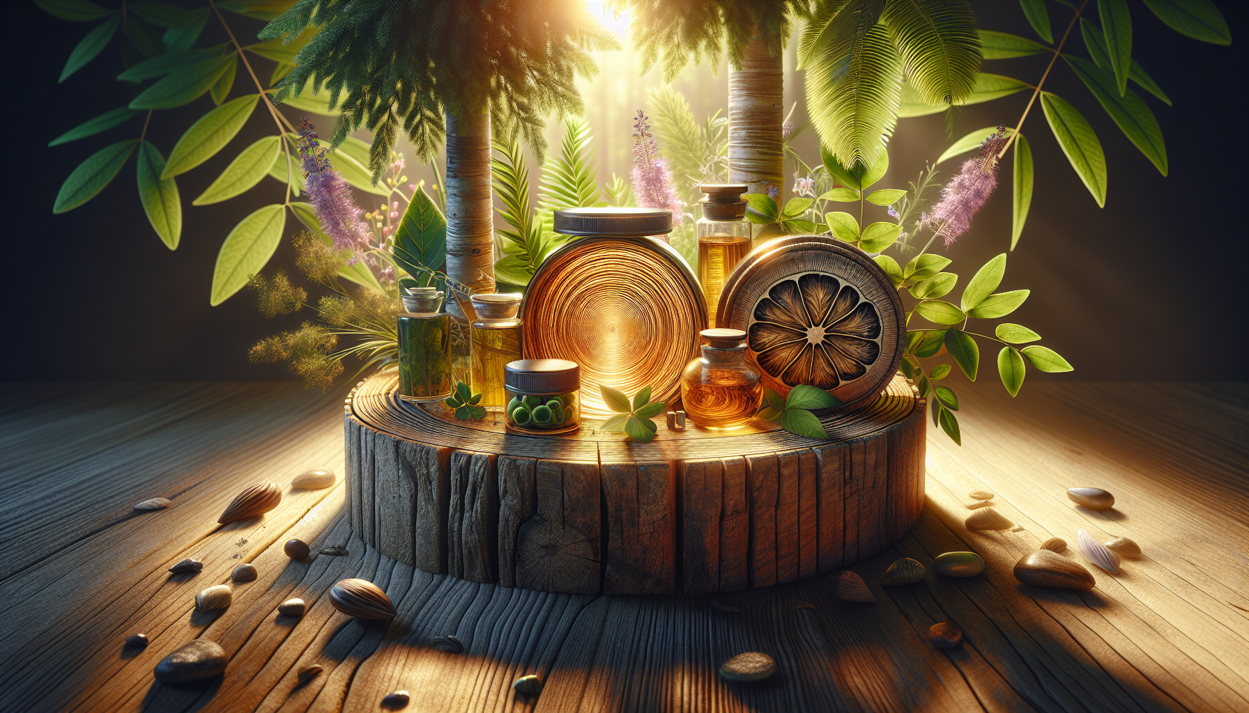 A conceptual illustration representing Enhancing Focus and Productivity. Visualize the main ideas: . Creative but clear representation of the concept. Style: Use shallow depth of field with selective focus to create a professional, intimate feel  Employ warm, natural lighting that casts a honey-golden glow on the main subjects  Position items on a rustic wooden surface, preferably a cross-section of a tree trunk with visible rings and natural texture  Incorporate vibrant green foliage and delicate purple flowers around the composition's edges  Maintain a soft, gently blurred natural background with subtle bokeh effect  Feature a harmonious color palette of amber, deep greens, and soft purples  Arrange elements at varying heights to create visual interest and natural flow  Create a clean, uncluttered composition that feels organic yet intentional  Capture fine details and textures with macro-photography techniques  Evoke a serene, botanical spa-like atmosphere that feels both premium and natural. high quality, detailed, professional, clean composition, good lighting, sharp focus, well-composed. high quality, professional, detailed, well-composed