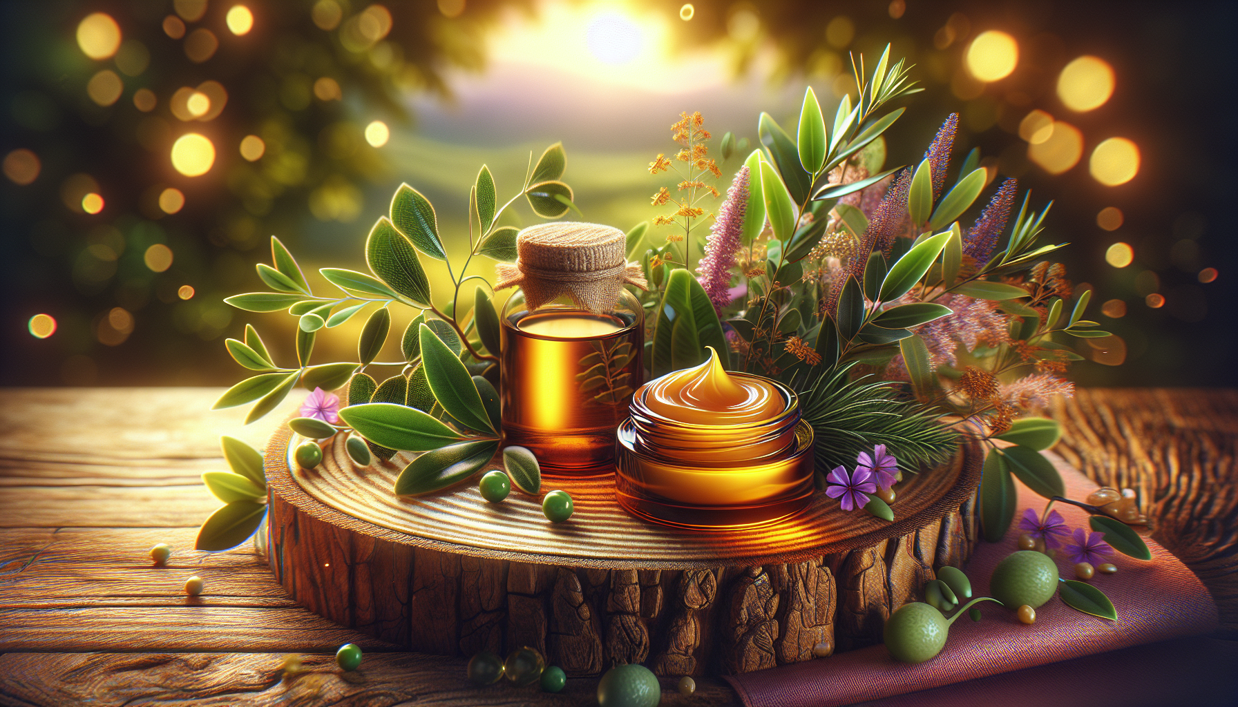 A conceptual illustration representing Skin Health and Comfort. Visualize the main ideas: . Creative but clear representation of the concept. Style: Use shallow depth of field with selective focus to create a professional, intimate feel  Employ warm, natural lighting that casts a honey-golden glow on the main subjects  Position items on a rustic wooden surface, preferably a cross-section of a tree trunk with visible rings and natural texture  Incorporate vibrant green foliage and delicate purple flowers around the composition's edges  Maintain a soft, gently blurred natural background with subtle bokeh effect  Feature a harmonious color palette of amber, deep greens, and soft purples  Arrange elements at varying heights to create visual interest and natural flow  Create a clean, uncluttered composition that feels organic yet intentional  Capture fine details and textures with macro-photography techniques  Evoke a serene, botanical spa-like atmosphere that feels both premium and natural. high quality, detailed, professional, clean composition, good lighting, sharp focus, well-composed. high quality, professional, detailed, well-composed