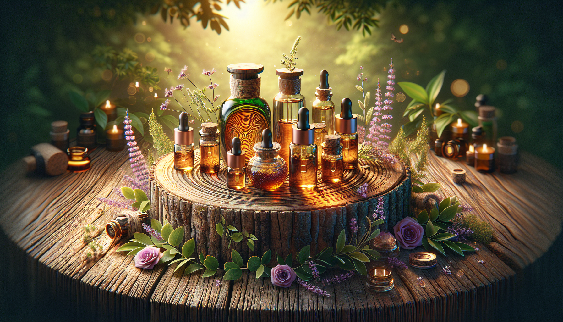 A conceptual illustration representing How Essential Oils Influence Creativity. Visualize the main ideas: . Creative but clear representation of the concept. Style: Use shallow depth of field with selective focus to create a professional, intimate feel  Employ warm, natural lighting that casts a honey-golden glow on the main subjects  Position items on a rustic wooden surface, preferably a cross-section of a tree trunk with visible rings and natural texture  Incorporate vibrant green foliage and delicate purple flowers around the composition's edges  Maintain a soft, gently blurred natural background with subtle bokeh effect  Feature a harmonious color palette of amber, deep greens, and soft purples  Arrange elements at varying heights to create visual interest and natural flow  Create a clean, uncluttered composition that feels organic yet intentional  Capture fine details and textures with macro-photography techniques  Evoke a serene, botanical spa-like atmosphere that feels both premium and natural. high quality, detailed, professional, clean composition, good lighting, sharp focus, well-composed. high quality, professional, detailed, well-composed