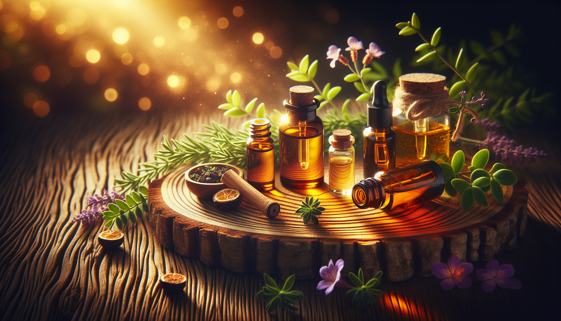 A conceptual illustration representing Practical Tips for Using Essential Oils. Visualize the main ideas: . Creative but clear representation of the concept. Style: Use shallow depth of field with selective focus to create a professional, intimate feel  Employ warm, natural lighting that casts a honey-golden glow on the main subjects  Position items on a rustic wooden surface, preferably a cross-section of a tree trunk with visible rings and natural texture  Incorporate vibrant green foliage and delicate purple flowers around the composition's edges  Maintain a soft, gently blurred natural background with subtle bokeh effect  Feature a harmonious color palette of amber, deep greens, and soft purples  Arrange elements at varying heights to create visual interest and natural flow  Create a clean, uncluttered composition that feels organic yet intentional  Capture fine details and textures with macro-photography techniques  Evoke a serene, botanical spa-like atmosphere that feels both premium and natural. high quality, detailed, professional, clean composition, good lighting, sharp focus, well-composed. high quality, professional, detailed, well-composed