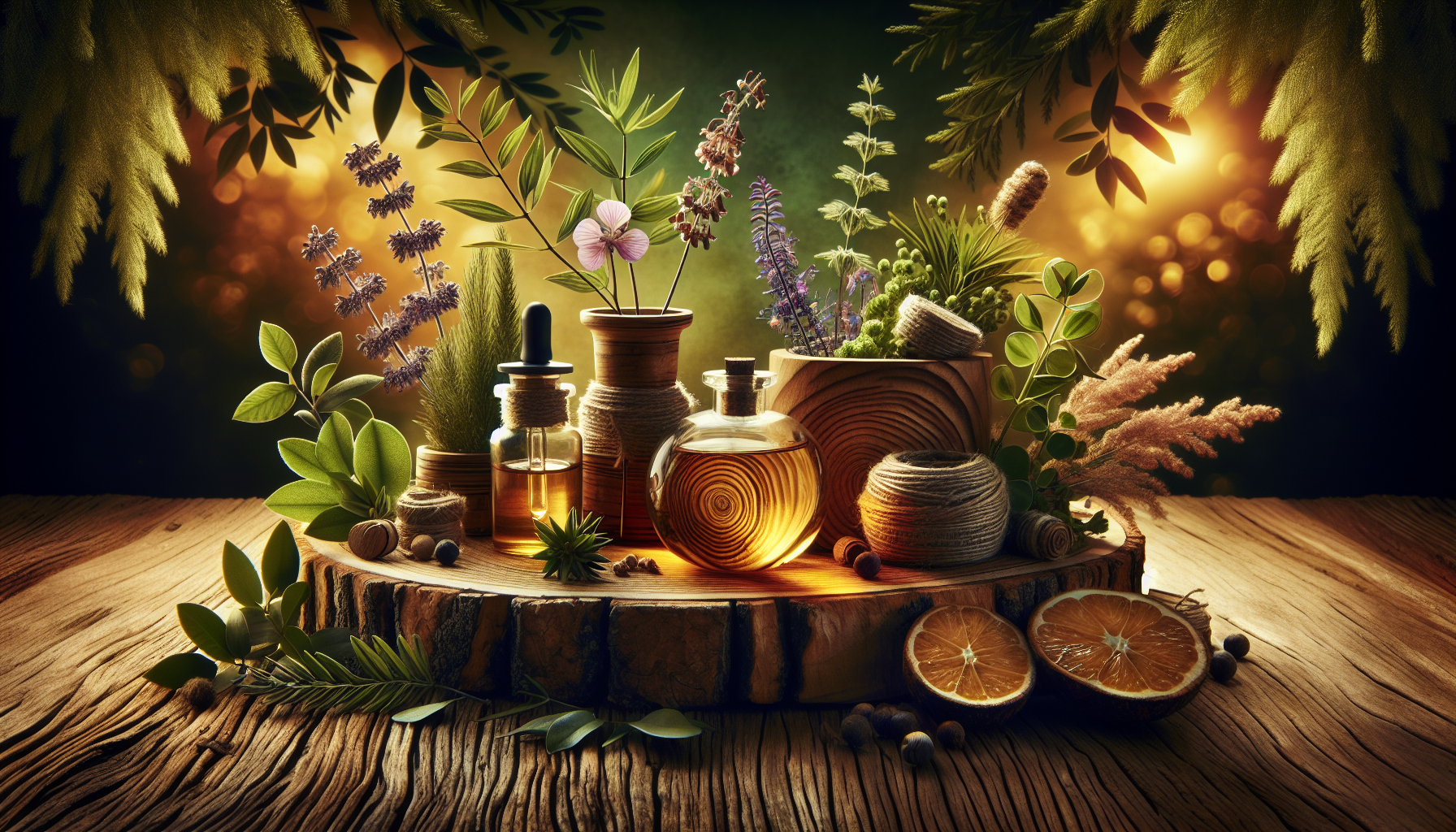 A conceptual illustration representing Introduction: Aromatic Pathways to Self-Acceptance. Visualize the main ideas: . Creative but clear representation of the concept. Style: Use shallow depth of field with selective focus to create a professional, intimate feel  Employ warm, natural lighting that casts a honey-golden glow on the main subjects  Position items on a rustic wooden surface, preferably a cross-section of a tree trunk with visible rings and natural texture  Incorporate vibrant green foliage and delicate purple flowers around the composition's edges  Maintain a soft, gently blurred natural background with subtle bokeh effect  Feature a harmonious color palette of amber, deep greens, and soft purples  Arrange elements at varying heights to create visual interest and natural flow  Create a clean, uncluttered composition that feels organic yet intentional  Capture fine details and textures with macro-photography techniques  Evoke a serene, botanical spa-like atmosphere that feels both premium and natural. high quality, detailed, professional, clean composition, good lighting, sharp focus, well-composed. high quality, professional, detailed, well-composed