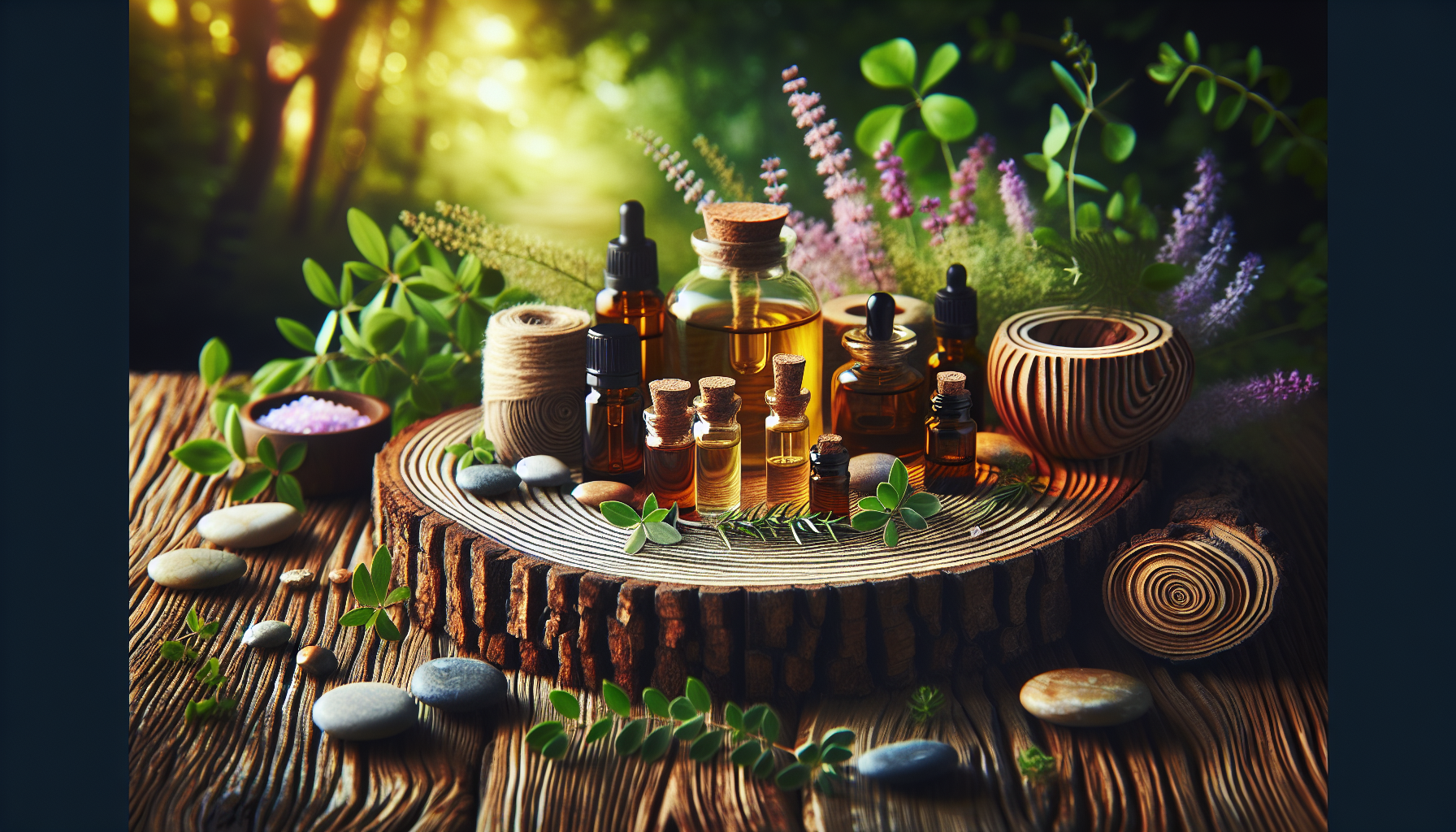A conceptual illustration representing The Role of Essential Oils in Enhancing Body Image. Visualize the main ideas: . Creative but clear representation of the concept. Style: Use shallow depth of field with selective focus to create a professional, intimate feel  Employ warm, natural lighting that casts a honey-golden glow on the main subjects  Position items on a rustic wooden surface, preferably a cross-section of a tree trunk with visible rings and natural texture  Incorporate vibrant green foliage and delicate purple flowers around the composition's edges  Maintain a soft, gently blurred natural background with subtle bokeh effect  Feature a harmonious color palette of amber, deep greens, and soft purples  Arrange elements at varying heights to create visual interest and natural flow  Create a clean, uncluttered composition that feels organic yet intentional  Capture fine details and textures with macro-photography techniques  Evoke a serene, botanical spa-like atmosphere that feels both premium and natural. high quality, detailed, professional, clean composition, good lighting, sharp focus, well-composed. high quality, professional, detailed, well-composed