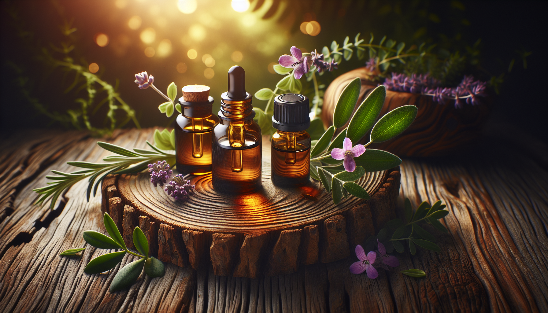 A conceptual illustration representing Popular Essential Oils for Body Image Support. Visualize the main ideas: . Creative but clear representation of the concept. Style: Use shallow depth of field with selective focus to create a professional, intimate feel  Employ warm, natural lighting that casts a honey-golden glow on the main subjects  Position items on a rustic wooden surface, preferably a cross-section of a tree trunk with visible rings and natural texture  Incorporate vibrant green foliage and delicate purple flowers around the composition's edges  Maintain a soft, gently blurred natural background with subtle bokeh effect  Feature a harmonious color palette of amber, deep greens, and soft purples  Arrange elements at varying heights to create visual interest and natural flow  Create a clean, uncluttered composition that feels organic yet intentional  Capture fine details and textures with macro-photography techniques  Evoke a serene, botanical spa-like atmosphere that feels both premium and natural. high quality, detailed, professional, clean composition, good lighting, sharp focus, well-composed. high quality, professional, detailed, well-composed