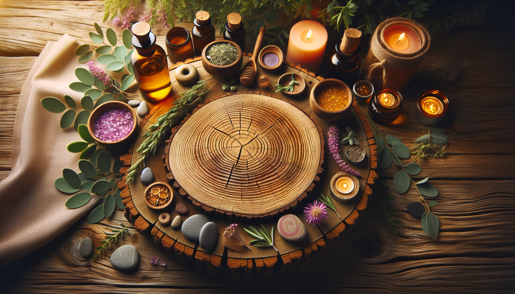 A conceptual illustration representing Safety and Integration into Self-Care Practices. Visualize the main ideas: . Creative but clear representation of the concept. Style: Use shallow depth of field with selective focus to create a professional, intimate feel  Employ warm, natural lighting that casts a honey-golden glow on the main subjects  Position items on a rustic wooden surface, preferably a cross-section of a tree trunk with visible rings and natural texture  Incorporate vibrant green foliage and delicate purple flowers around the composition's edges  Maintain a soft, gently blurred natural background with subtle bokeh effect  Feature a harmonious color palette of amber, deep greens, and soft purples  Arrange elements at varying heights to create visual interest and natural flow  Create a clean, uncluttered composition that feels organic yet intentional  Capture fine details and textures with macro-photography techniques  Evoke a serene, botanical spa-like atmosphere that feels both premium and natural. high quality, detailed, professional, clean composition, good lighting, sharp focus, well-composed. high quality, professional, detailed, well-composed