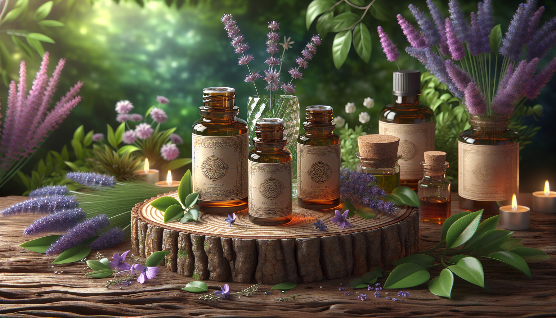 A conceptual illustration representing Top Essential Oils for Sleep Enhancement. Visualize the main ideas: . Creative but clear representation of the concept. Style: Use shallow depth of field with selective focus to create a professional, intimate feel  Employ warm, natural lighting that casts a honey-golden glow on the main subjects  Position items on a rustic wooden surface, preferably a cross-section of a tree trunk with visible rings and natural texture  Incorporate vibrant green foliage and delicate purple flowers around the composition's edges  Maintain a soft, gently blurred natural background with subtle bokeh effect  Feature a harmonious color palette of amber, deep greens, and soft purples  Arrange elements at varying heights to create visual interest and natural flow  Create a clean, uncluttered composition that feels organic yet intentional  Capture fine details and textures with macro-photography techniques  Evoke a serene, botanical spa-like atmosphere that feels both premium and natural. high quality, detailed, professional, clean composition, good lighting, sharp focus, well-composed. high quality, professional, detailed, well-composed