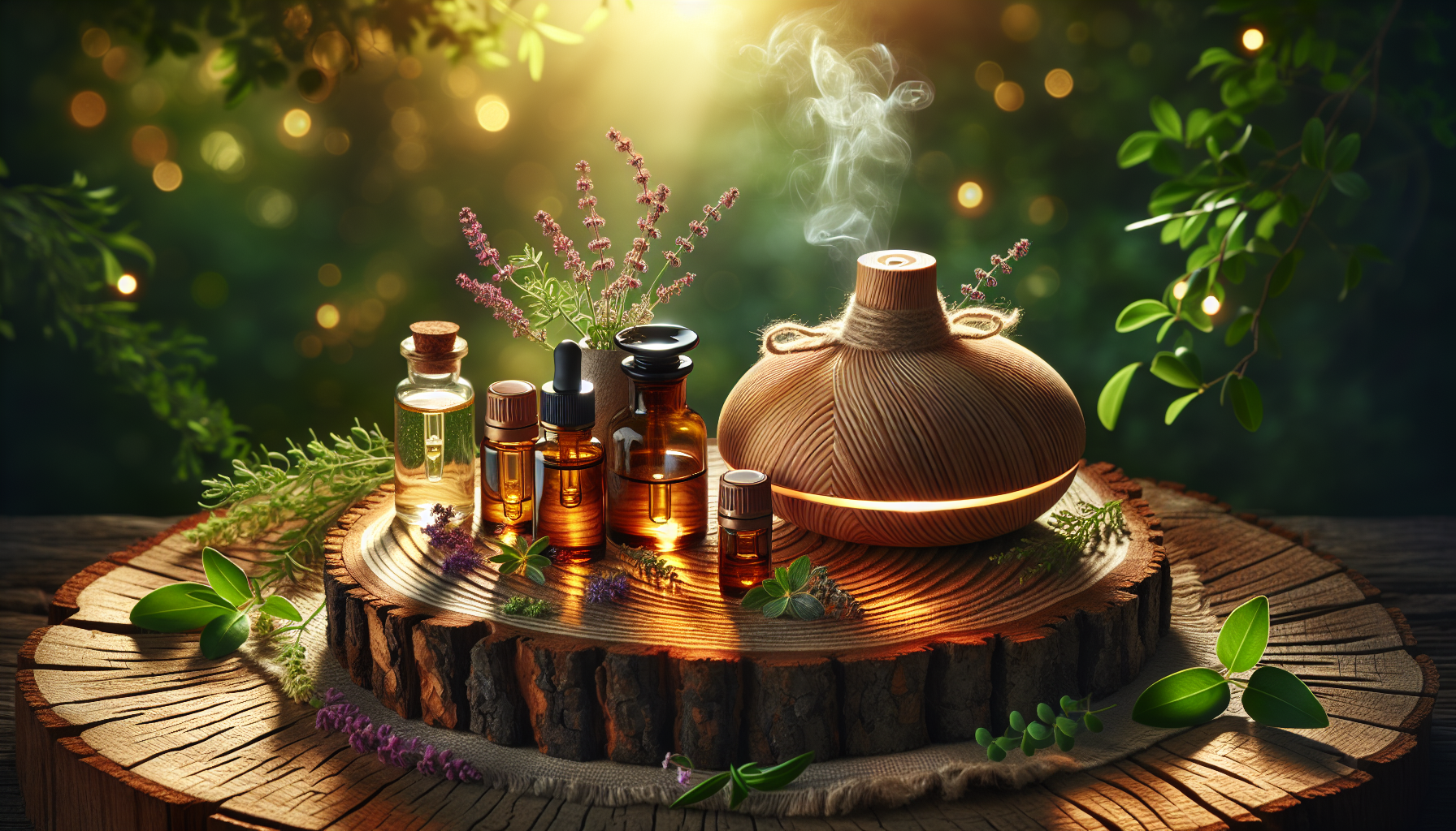 A conceptual illustration representing Evidence-Based Benefits of Essential Oils for Sleep. Visualize the main ideas: . Creative but clear representation of the concept. Style: Use shallow depth of field with selective focus to create a professional, intimate feel  Employ warm, natural lighting that casts a honey-golden glow on the main subjects  Position items on a rustic wooden surface, preferably a cross-section of a tree trunk with visible rings and natural texture  Incorporate vibrant green foliage and delicate purple flowers around the composition's edges  Maintain a soft, gently blurred natural background with subtle bokeh effect  Feature a harmonious color palette of amber, deep greens, and soft purples  Arrange elements at varying heights to create visual interest and natural flow  Create a clean, uncluttered composition that feels organic yet intentional  Capture fine details and textures with macro-photography techniques  Evoke a serene, botanical spa-like atmosphere that feels both premium and natural. high quality, detailed, professional, clean composition, good lighting, sharp focus, well-composed. high quality, professional, detailed, well-composed