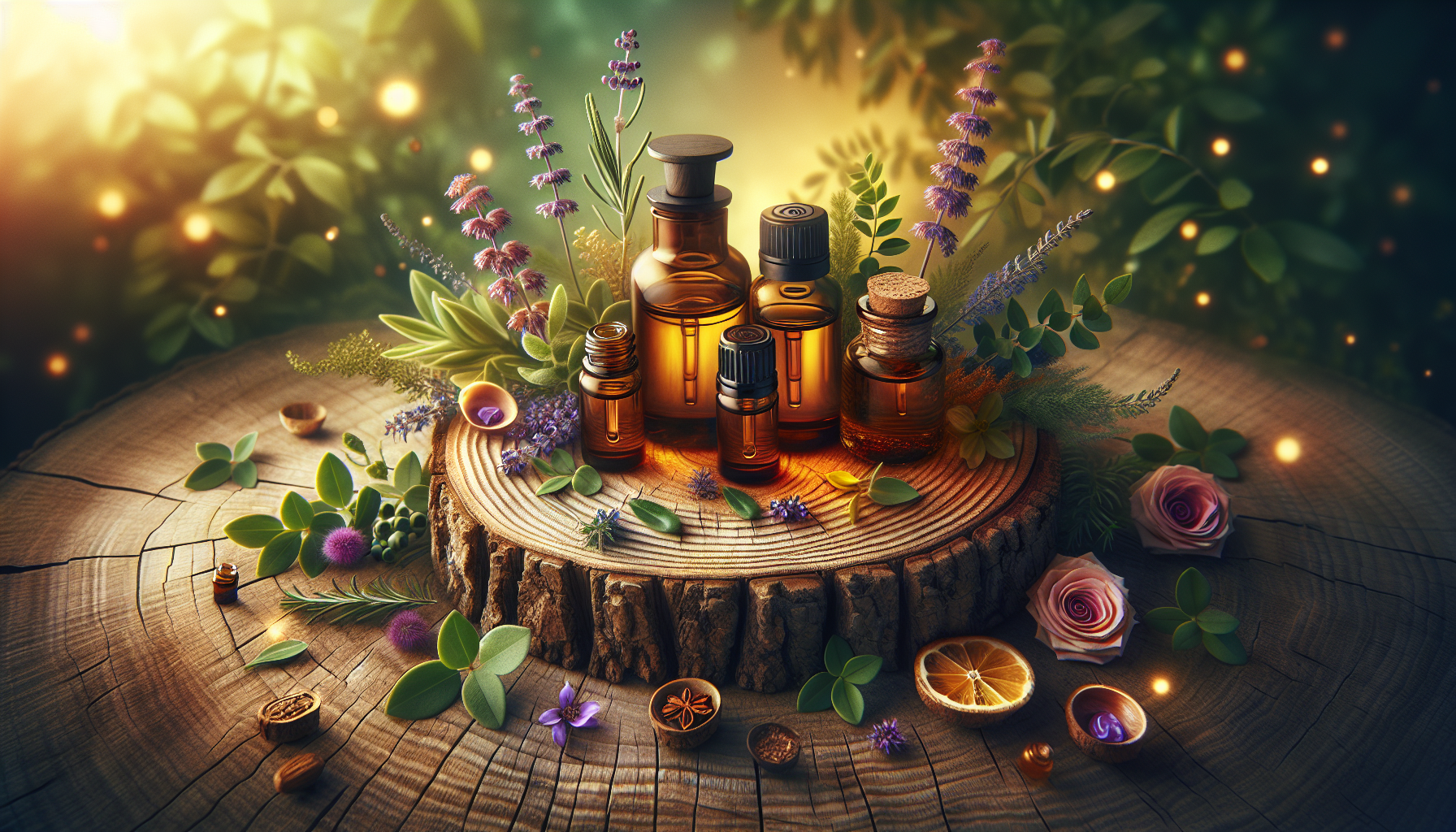 A conceptual illustration representing Key Essential Oils for Immune Support. Visualize the main ideas: . Creative but clear representation of the concept. Style: Use shallow depth of field with selective focus to create a professional, intimate feel  Employ warm, natural lighting that casts a honey-golden glow on the main subjects  Position items on a rustic wooden surface, preferably a cross-section of a tree trunk with visible rings and natural texture  Incorporate vibrant green foliage and delicate purple flowers around the composition's edges  Maintain a soft, gently blurred natural background with subtle bokeh effect  Feature a harmonious color palette of amber, deep greens, and soft purples  Arrange elements at varying heights to create visual interest and natural flow  Create a clean, uncluttered composition that feels organic yet intentional  Capture fine details and textures with macro-photography techniques  Evoke a serene, botanical spa-like atmosphere that feels both premium and natural. high quality, detailed, professional, clean composition, good lighting, sharp focus, well-composed. high quality, professional, detailed, well-composed