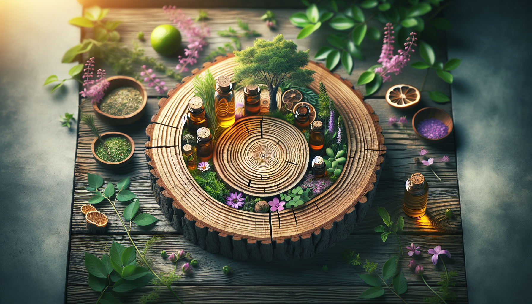 A conceptual illustration representing How Essential Oils Work. Visualize the main ideas: . Creative but clear representation of the concept. Style: Use shallow depth of field with selective focus to create a professional, intimate feel  Employ warm, natural lighting that casts a honey-golden glow on the main subjects  Position items on a rustic wooden surface, preferably a cross-section of a tree trunk with visible rings and natural texture  Incorporate vibrant green foliage and delicate purple flowers around the composition's edges  Maintain a soft, gently blurred natural background with subtle bokeh effect  Feature a harmonious color palette of amber, deep greens, and soft purples  Arrange elements at varying heights to create visual interest and natural flow  Create a clean, uncluttered composition that feels organic yet intentional  Capture fine details and textures with macro-photography techniques  Evoke a serene, botanical spa-like atmosphere that feels both premium and natural. high quality, detailed, professional, clean composition, good lighting, sharp focus, well-composed. high quality, professional, detailed, well-composed