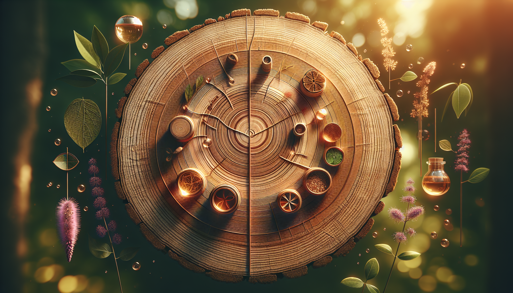 A conceptual illustration representing Scientific Insights and Limitations. Visualize the main ideas: . Creative but clear representation of the concept. Style: Use shallow depth of field with selective focus to create a professional, intimate feel  Employ warm, natural lighting that casts a honey-golden glow on the main subjects  Position items on a rustic wooden surface, preferably a cross-section of a tree trunk with visible rings and natural texture  Incorporate vibrant green foliage and delicate purple flowers around the composition's edges  Maintain a soft, gently blurred natural background with subtle bokeh effect  Feature a harmonious color palette of amber, deep greens, and soft purples  Arrange elements at varying heights to create visual interest and natural flow  Create a clean, uncluttered composition that feels organic yet intentional  Capture fine details and textures with macro-photography techniques  Evoke a serene, botanical spa-like atmosphere that feels both premium and natural. high quality, detailed, professional, clean composition, good lighting, sharp focus, well-composed. high quality, professional, detailed, well-composed