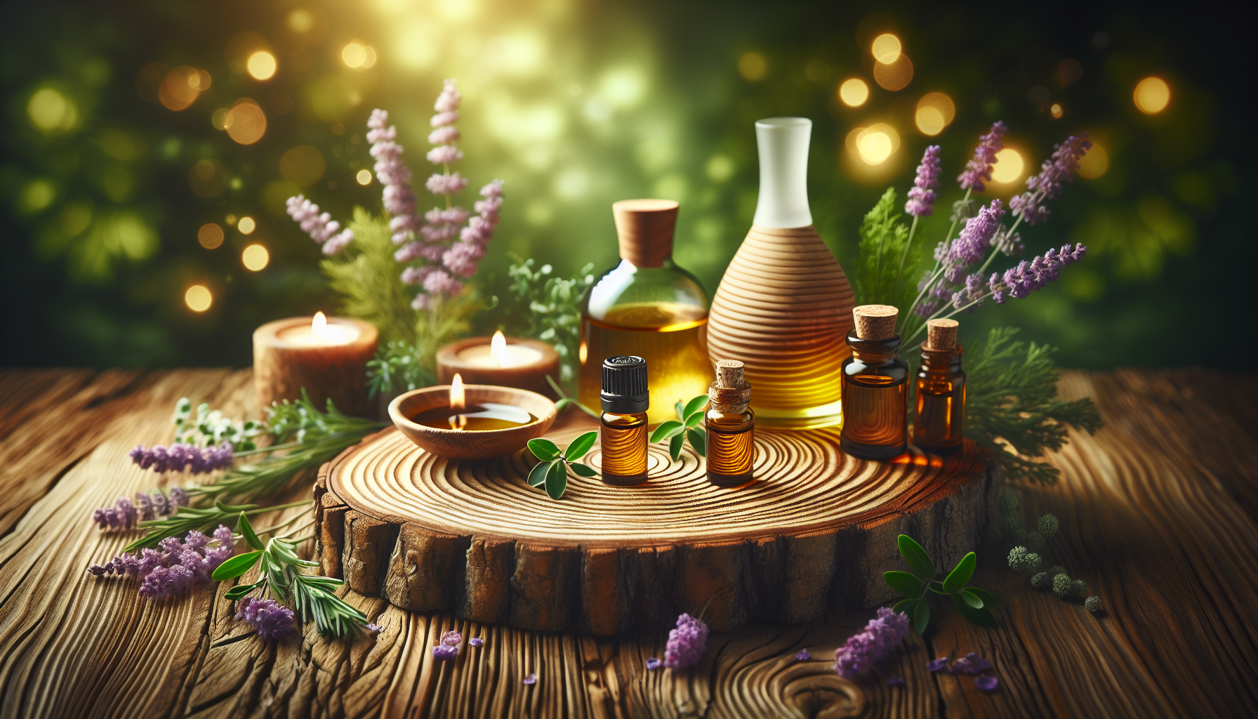 A conceptual illustration representing Integrating Essential Oils into Your Routine. Visualize the main ideas: . Creative but clear representation of the concept. Style: Use shallow depth of field with selective focus to create a professional, intimate feel  Employ warm, natural lighting that casts a honey-golden glow on the main subjects  Position items on a rustic wooden surface, preferably a cross-section of a tree trunk with visible rings and natural texture  Incorporate vibrant green foliage and delicate purple flowers around the composition's edges  Maintain a soft, gently blurred natural background with subtle bokeh effect  Feature a harmonious color palette of amber, deep greens, and soft purples  Arrange elements at varying heights to create visual interest and natural flow  Create a clean, uncluttered composition that feels organic yet intentional  Capture fine details and textures with macro-photography techniques  Evoke a serene, botanical spa-like atmosphere that feels both premium and natural. high quality, detailed, professional, clean composition, good lighting, sharp focus, well-composed. high quality, professional, detailed, well-composed