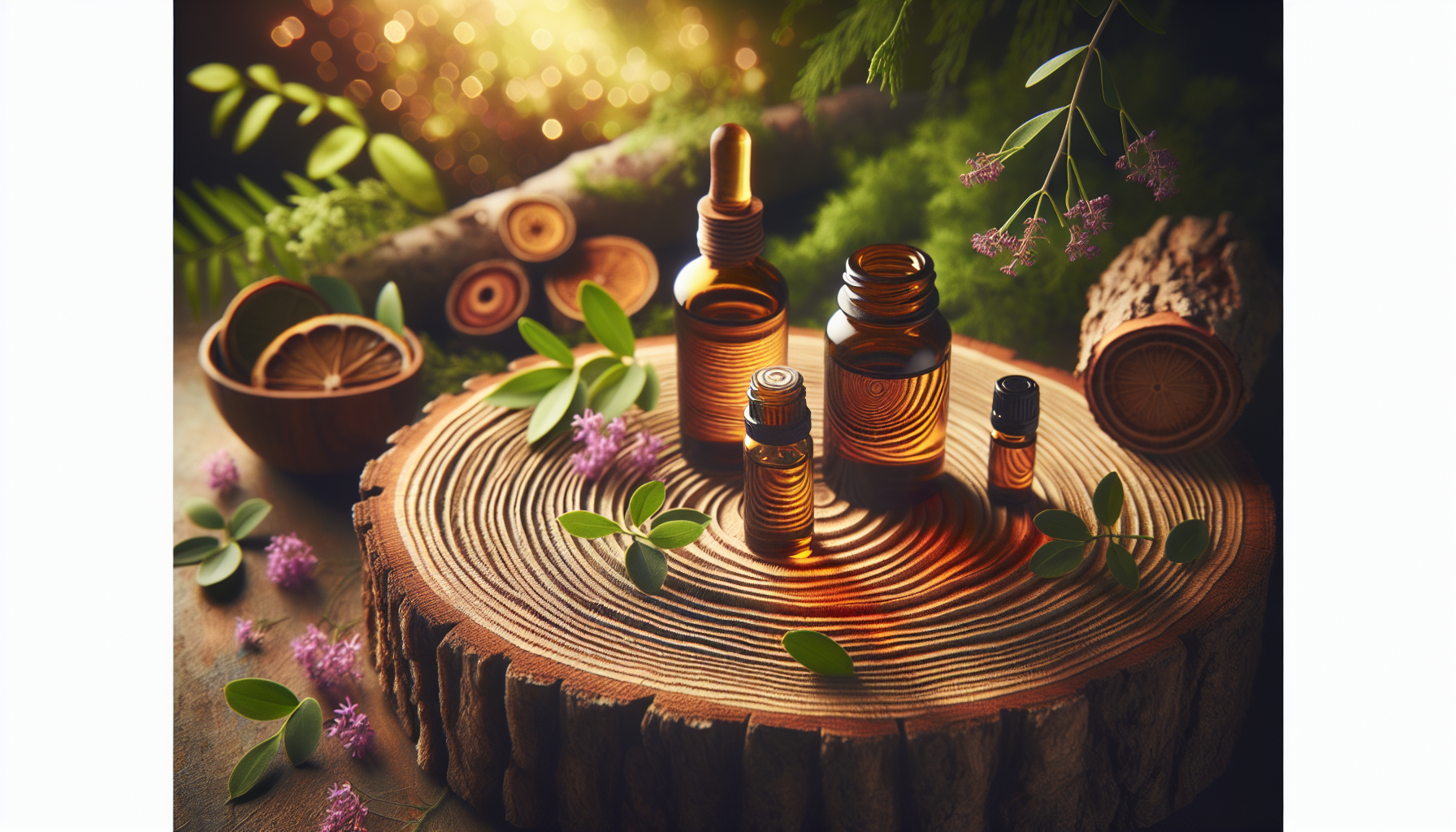 A conceptual illustration representing Top Essential Oils for Circulation. Visualize the main ideas: . Creative but clear representation of the concept. Style: Use shallow depth of field with selective focus to create a professional, intimate feel Employ warm, natural lighting that casts a honey-golden glow on the main subjects Position items on a rustic wooden surface, preferably a cross-section of a tree trunk with visible rings and natural texture Incorporate vibrant green foliage and delicate purple flowers around the composition's edges Maintain a soft, gently blurred natural background with subtle bokeh effect Feature a harmonious color palette of amber, deep greens, and soft purples Arrange elements at varying heights to create visual interest and natural flow Create a clean, uncluttered composition that feels organic yet intentional Capture fine details and textures with macro-photography techniques Evoke a serene, botanical spa-like atmosphere that feels both premium and natural. high quality, detailed, professional, clean composition, good lighting, sharp focus, well-composed. high quality, professional, detailed, well-composed