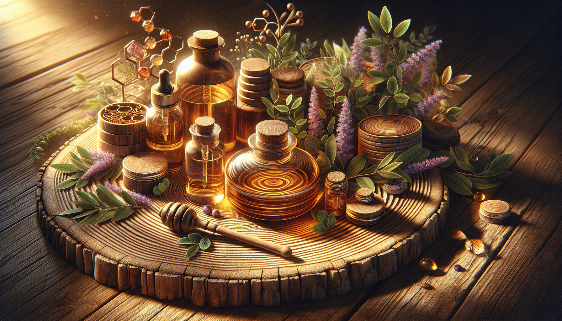 A conceptual illustration representing Conclusion: Embrace Natural Circulation Boosters. Visualize the main ideas: . Creative but clear representation of the concept. Style: Use shallow depth of field with selective focus to create a professional, intimate feel Employ warm, natural lighting that casts a honey-golden glow on the main subjects Position items on a rustic wooden surface, preferably a cross-section of a tree trunk with visible rings and natural texture Incorporate vibrant green foliage and delicate purple flowers around the composition's edges Maintain a soft, gently blurred natural background with subtle bokeh effect Feature a harmonious color palette of amber, deep greens, and soft purples Arrange elements at varying heights to create visual interest and natural flow Create a clean, uncluttered composition that feels organic yet intentional Capture fine details and textures with macro-photography techniques Evoke a serene, botanical spa-like atmosphere that feels both premium and natural. high quality, detailed, professional, clean composition, good lighting, sharp focus, well-composed. high quality, professional, detailed, well-composed