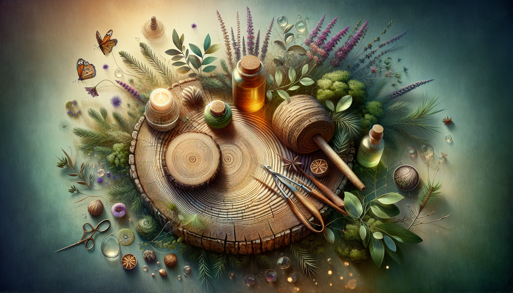 A conceptual illustration representing Introduction: A Breath of Fresh Focus. Visualize the main ideas: . Creative but clear representation of the concept. Style: Use shallow depth of field with selective focus to create a professional, intimate feel  Employ warm, natural lighting that casts a honey-golden glow on the main subjects  Position items on a rustic wooden surface, preferably a cross-section of a tree trunk with visible rings and natural texture  Incorporate vibrant green foliage and delicate purple flowers around the composition's edges  Maintain a soft, gently blurred natural background with subtle bokeh effect  Feature a harmonious color palette of amber, deep greens, and soft purples  Arrange elements at varying heights to create visual interest and natural flow  Create a clean, uncluttered composition that feels organic yet intentional  Capture fine details and textures with macro-photography techniques  Evoke a serene, botanical spa-like atmosphere that feels both premium and natural. high quality, detailed, professional, clean composition, good lighting, sharp focus, well-composed. high quality, professional, detailed, well-composed