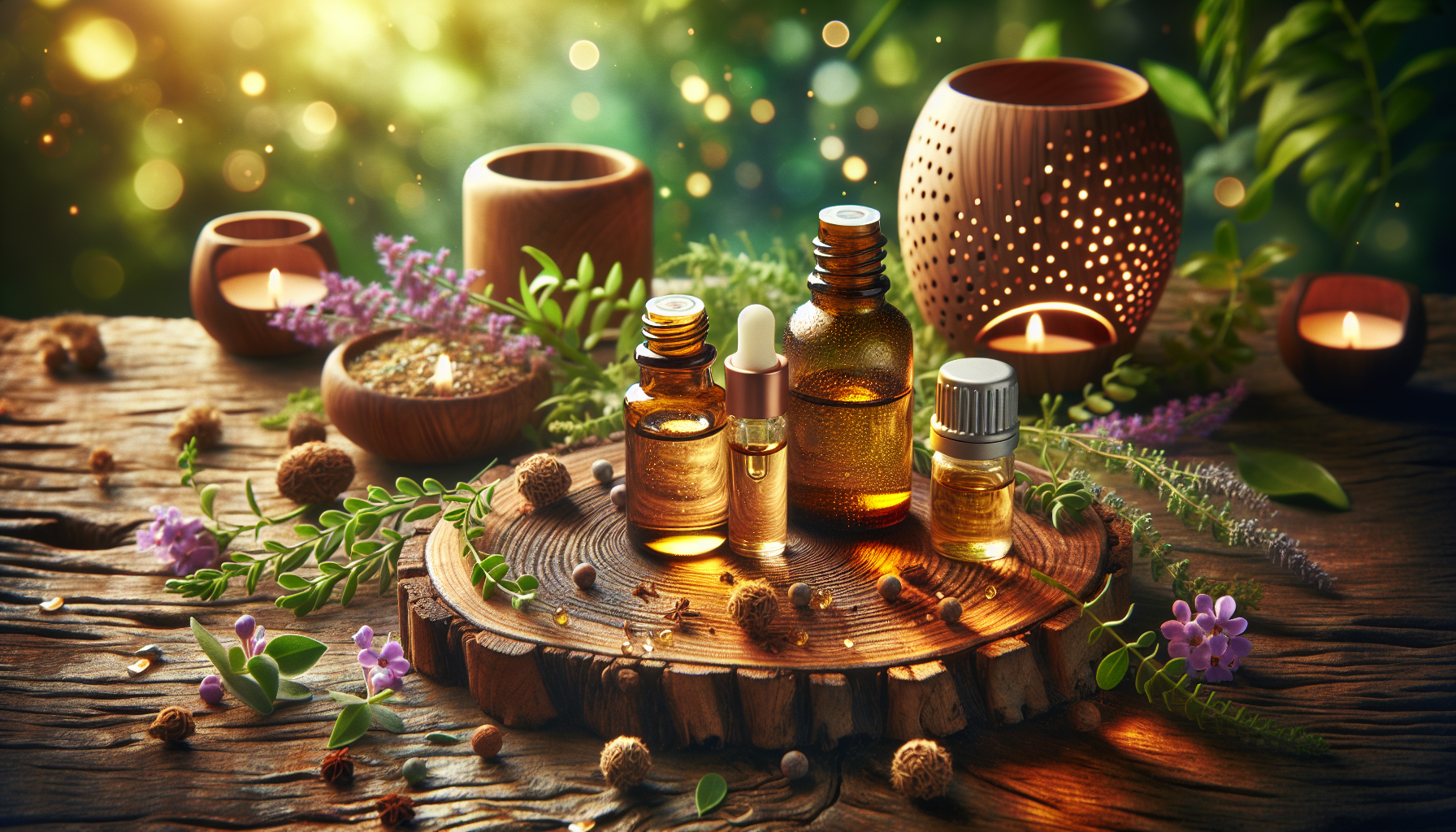 A conceptual illustration representing Key Essential Oils for Mental Fatigue. Visualize the main ideas: . Creative but clear representation of the concept. Style: Use shallow depth of field with selective focus to create a professional, intimate feel  Employ warm, natural lighting that casts a honey-golden glow on the main subjects  Position items on a rustic wooden surface, preferably a cross-section of a tree trunk with visible rings and natural texture  Incorporate vibrant green foliage and delicate purple flowers around the composition's edges  Maintain a soft, gently blurred natural background with subtle bokeh effect  Feature a harmonious color palette of amber, deep greens, and soft purples  Arrange elements at varying heights to create visual interest and natural flow  Create a clean, uncluttered composition that feels organic yet intentional  Capture fine details and textures with macro-photography techniques  Evoke a serene, botanical spa-like atmosphere that feels both premium and natural. high quality, detailed, professional, clean composition, good lighting, sharp focus, well-composed. high quality, professional, detailed, well-composed