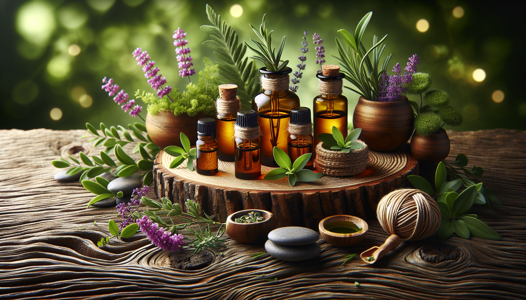 A conceptual illustration representing Effective Methods of Using Essential Oils. Visualize the main ideas: . Creative but clear representation of the concept. Style: Use shallow depth of field with selective focus to create a professional, intimate feel  Employ warm, natural lighting that casts a honey-golden glow on the main subjects  Position items on a rustic wooden surface, preferably a cross-section of a tree trunk with visible rings and natural texture  Incorporate vibrant green foliage and delicate purple flowers around the composition's edges  Maintain a soft, gently blurred natural background with subtle bokeh effect  Feature a harmonious color palette of amber, deep greens, and soft purples  Arrange elements at varying heights to create visual interest and natural flow  Create a clean, uncluttered composition that feels organic yet intentional  Capture fine details and textures with macro-photography techniques  Evoke a serene, botanical spa-like atmosphere that feels both premium and natural. high quality, detailed, professional, clean composition, good lighting, sharp focus, well-composed. high quality, professional, detailed, well-composed