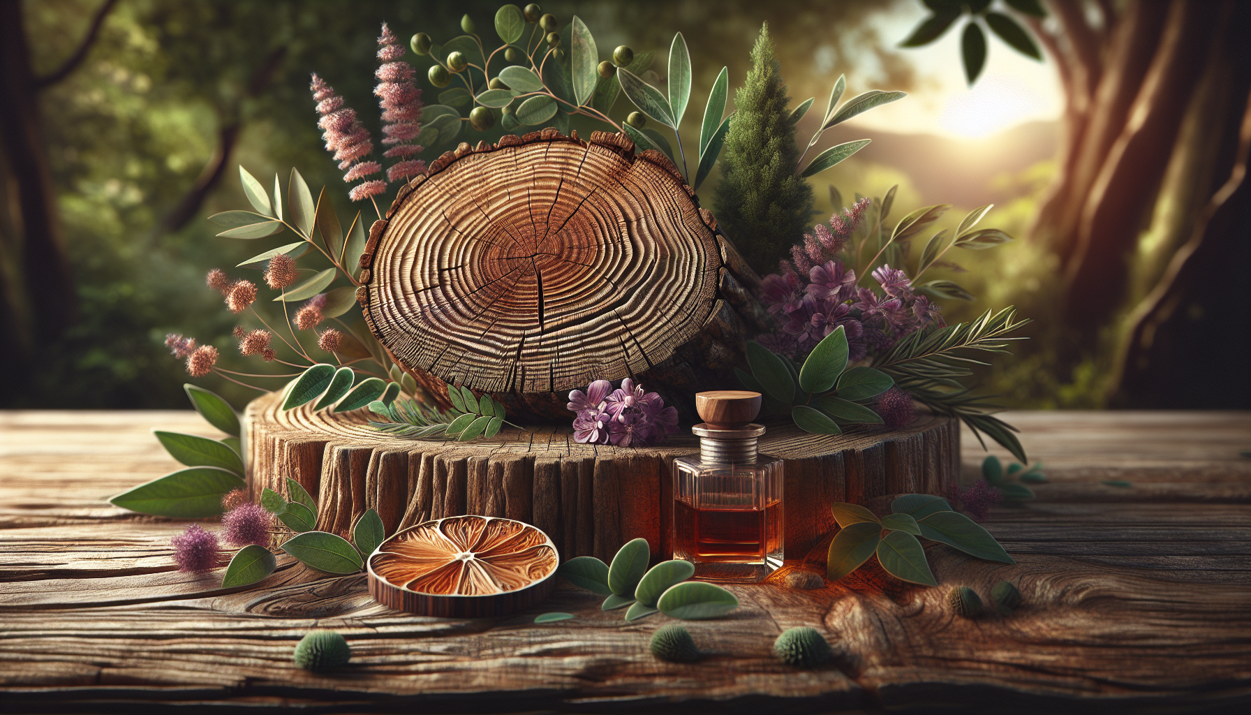 A conceptual illustration representing Introduction - The Scent of Strength. Visualize the main ideas: . Creative but clear representation of the concept. Style: Use shallow depth of field with selective focus to create a professional, intimate feel  Employ warm, natural lighting that casts a honey-golden glow on the main subjects  Position items on a rustic wooden surface, preferably a cross-section of a tree trunk with visible rings and natural texture  Incorporate vibrant green foliage and delicate purple flowers around the composition's edges  Maintain a soft, gently blurred natural background with subtle bokeh effect  Feature a harmonious color palette of amber, deep greens, and soft purples  Arrange elements at varying heights to create visual interest and natural flow  Create a clean, uncluttered composition that feels organic yet intentional  Capture fine details and textures with macro-photography techniques  Evoke a serene, botanical spa-like atmosphere that feels both premium and natural. high quality, detailed, professional, clean composition, good lighting, sharp focus, well-composed. high quality, professional, detailed, well-composed