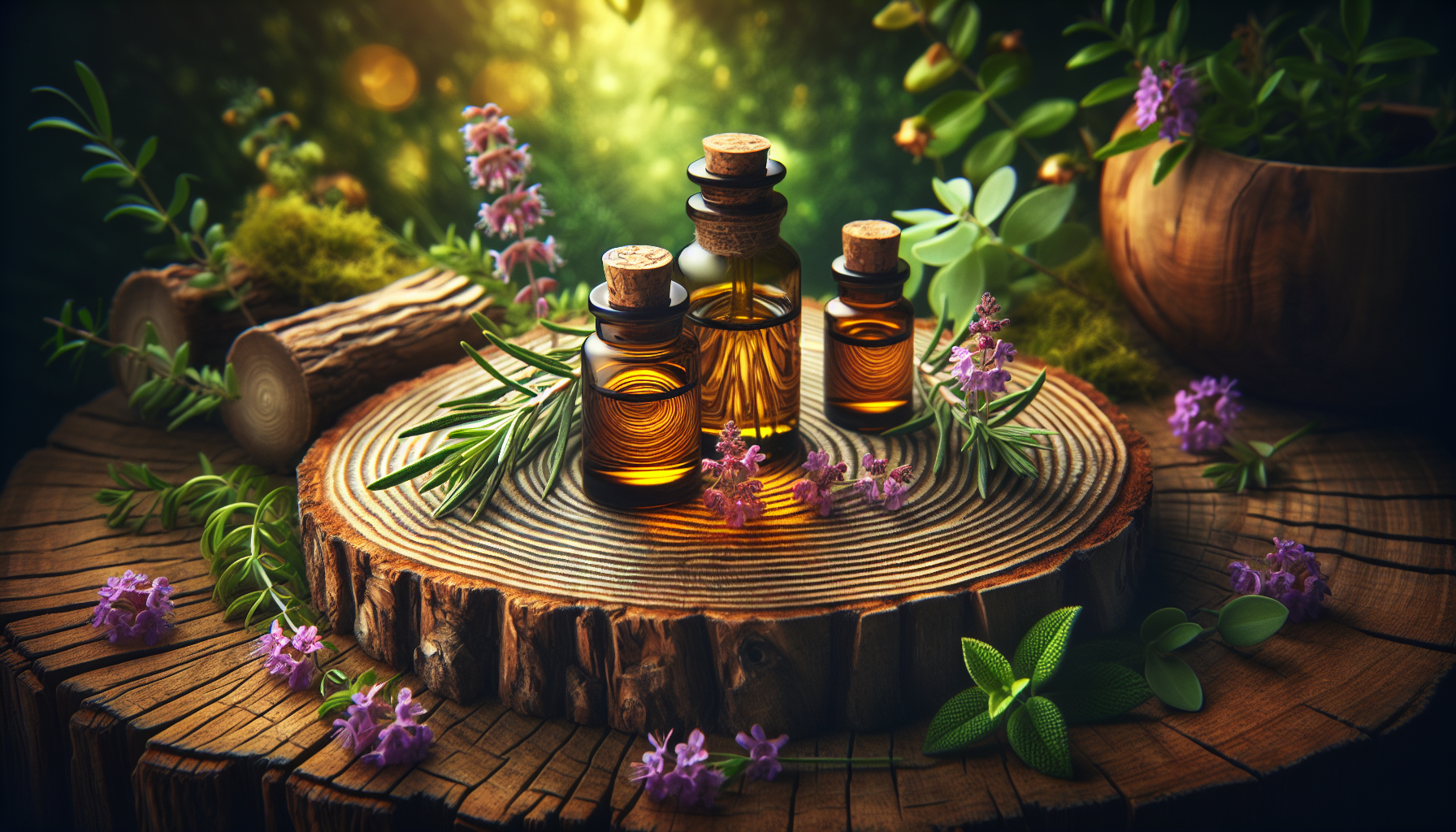 A conceptual illustration representing How Essential Oils Influence Emotional Resilience. Visualize the main ideas: . Creative but clear representation of the concept. Style: Use shallow depth of field with selective focus to create a professional, intimate feel  Employ warm, natural lighting that casts a honey-golden glow on the main subjects  Position items on a rustic wooden surface, preferably a cross-section of a tree trunk with visible rings and natural texture  Incorporate vibrant green foliage and delicate purple flowers around the composition's edges  Maintain a soft, gently blurred natural background with subtle bokeh effect  Feature a harmonious color palette of amber, deep greens, and soft purples  Arrange elements at varying heights to create visual interest and natural flow  Create a clean, uncluttered composition that feels organic yet intentional  Capture fine details and textures with macro-photography techniques  Evoke a serene, botanical spa-like atmosphere that feels both premium and natural. high quality, detailed, professional, clean composition, good lighting, sharp focus, well-composed. high quality, professional, detailed, well-composed