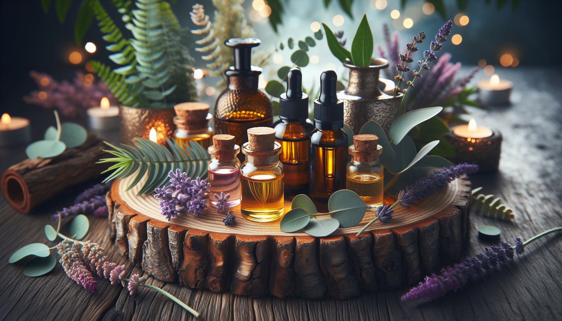 A conceptual illustration representing Practical Applications of Essential Oils. Visualize the main ideas: . Creative but clear representation of the concept. Style: Use shallow depth of field with selective focus to create a professional, intimate feel  Employ warm, natural lighting that casts a honey-golden glow on the main subjects  Position items on a rustic wooden surface, preferably a cross-section of a tree trunk with visible rings and natural texture  Incorporate vibrant green foliage and delicate purple flowers around the composition's edges  Maintain a soft, gently blurred natural background with subtle bokeh effect  Feature a harmonious color palette of amber, deep greens, and soft purples  Arrange elements at varying heights to create visual interest and natural flow  Create a clean, uncluttered composition that feels organic yet intentional  Capture fine details and textures with macro-photography techniques  Evoke a serene, botanical spa-like atmosphere that feels both premium and natural. high quality, detailed, professional, clean composition, good lighting, sharp focus, well-composed. high quality, professional, detailed, well-composed