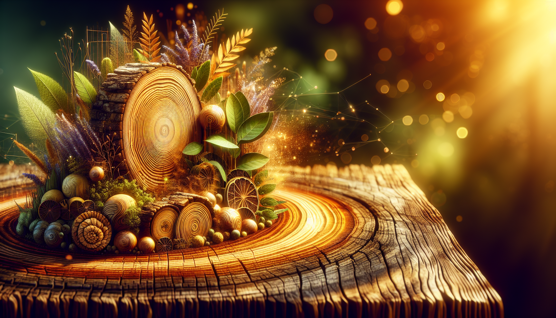 A conceptual illustration representing Introduction - Unlocking Emotional Balance. Visualize the main ideas: . Creative but clear representation of the concept. Style: Use shallow depth of field with selective focus to create a professional, intimate feel  Employ warm, natural lighting that casts a honey-golden glow on the main subjects  Position items on a rustic wooden surface, preferably a cross-section of a tree trunk with visible rings and natural texture  Incorporate vibrant green foliage and delicate purple flowers around the composition's edges  Maintain a soft, gently blurred natural background with subtle bokeh effect  Feature a harmonious color palette of amber, deep greens, and soft purples  Arrange elements at varying heights to create visual interest and natural flow  Create a clean, uncluttered composition that feels organic yet intentional  Capture fine details and textures with macro-photography techniques  Evoke a serene, botanical spa-like atmosphere that feels both premium and natural. high quality, detailed, professional, clean composition, good lighting, sharp focus, well-composed. high quality, professional, detailed, well-composed