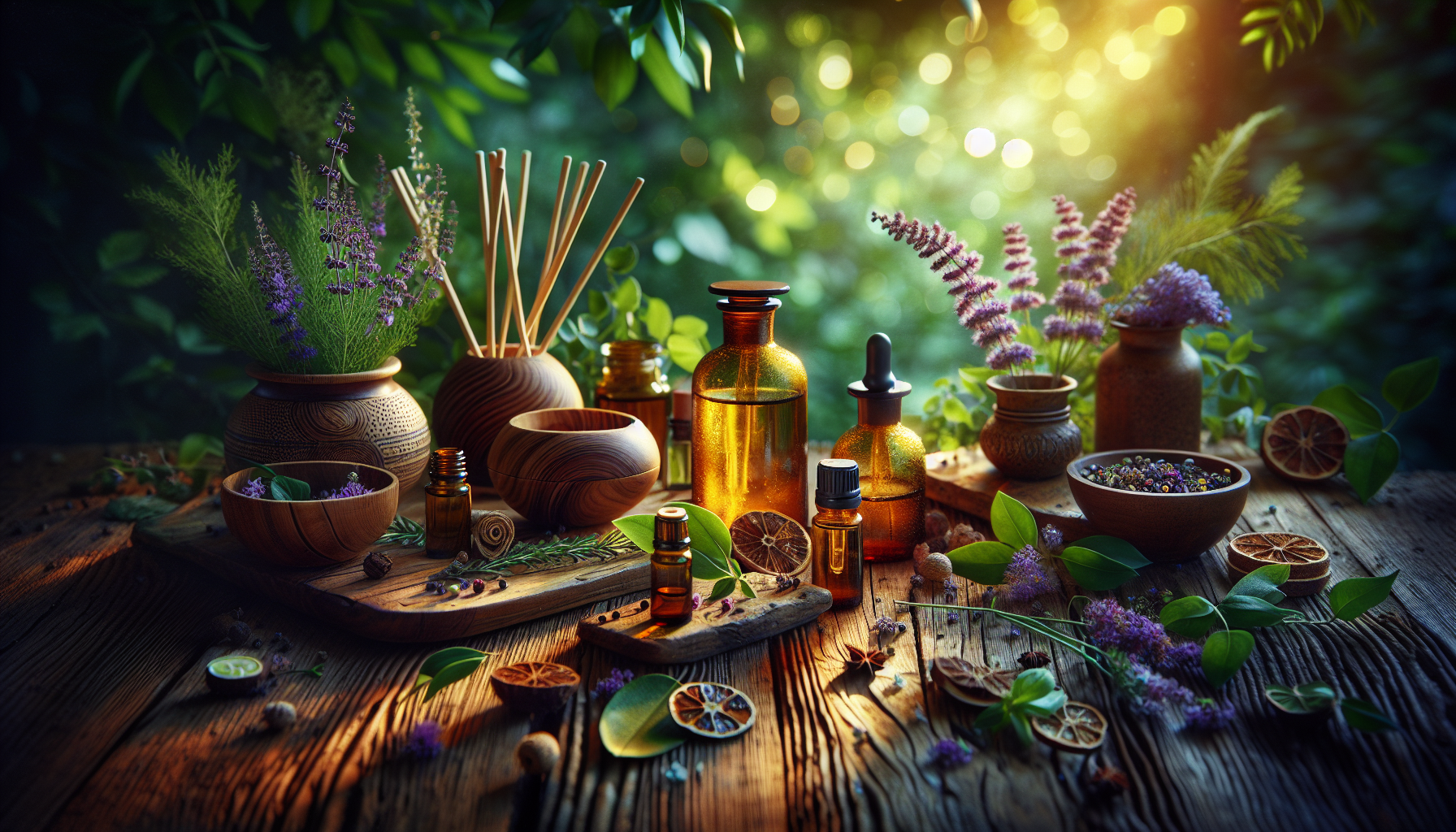 A conceptual illustration representing How Essential Oils Affect Mood. Visualize the main ideas: . Creative but clear representation of the concept. Style: Use shallow depth of field with selective focus to create a professional, intimate feel  Employ warm, natural lighting that casts a honey-golden glow on the main subjects  Position items on a rustic wooden surface, preferably a cross-section of a tree trunk with visible rings and natural texture  Incorporate vibrant green foliage and delicate purple flowers around the composition's edges  Maintain a soft, gently blurred natural background with subtle bokeh effect  Feature a harmonious color palette of amber, deep greens, and soft purples  Arrange elements at varying heights to create visual interest and natural flow  Create a clean, uncluttered composition that feels organic yet intentional  Capture fine details and textures with macro-photography techniques  Evoke a serene, botanical spa-like atmosphere that feels both premium and natural. high quality, detailed, professional, clean composition, good lighting, sharp focus, well-composed. high quality, professional, detailed, well-composed
