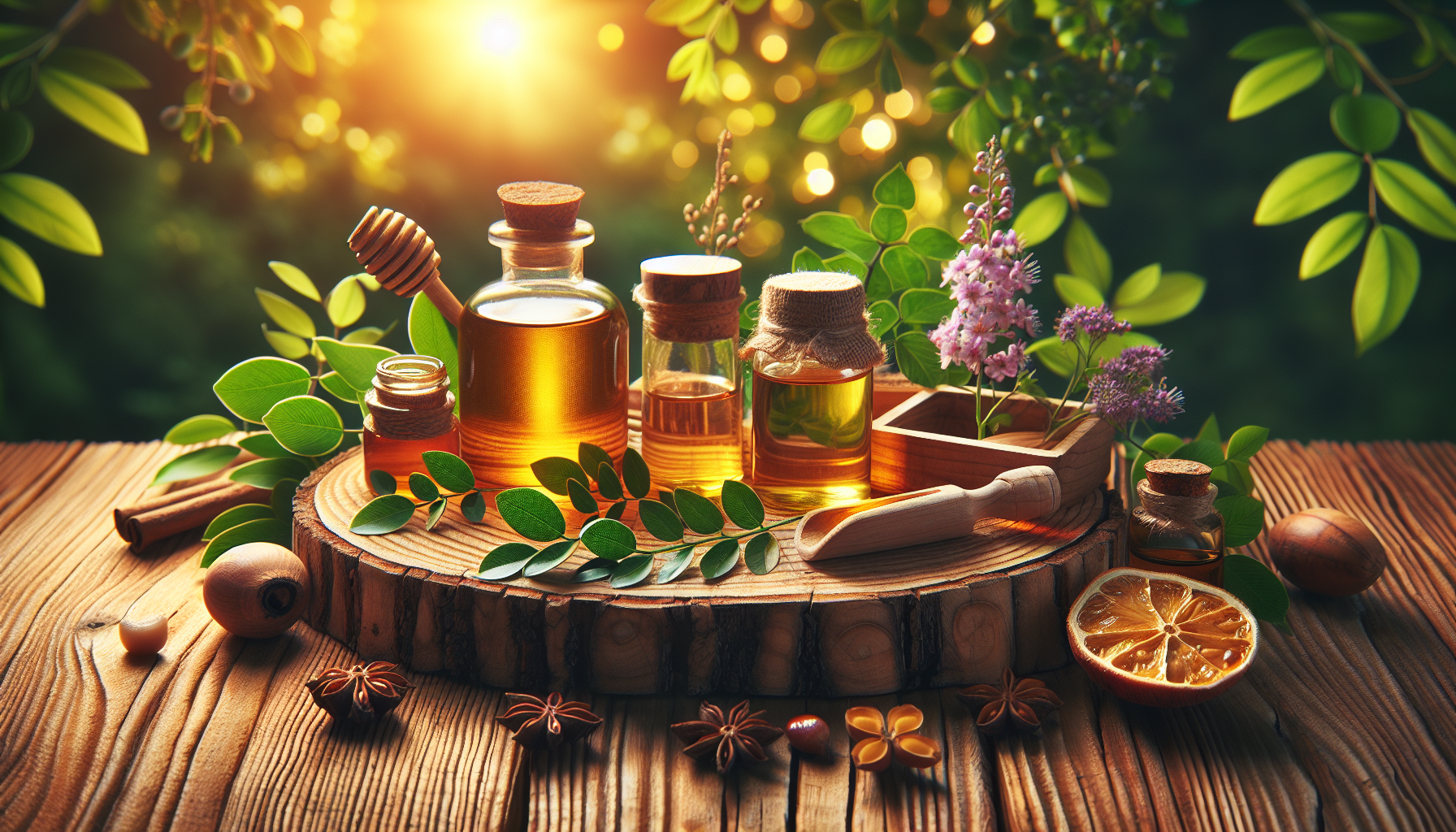 A conceptual illustration representing Practical Application and Usage. Visualize the main ideas: . Creative but clear representation of the concept. Style: Use shallow depth of field with selective focus to create a professional, intimate feel  Employ warm, natural lighting that casts a honey-golden glow on the main subjects  Position items on a rustic wooden surface, preferably a cross-section of a tree trunk with visible rings and natural texture  Incorporate vibrant green foliage and delicate purple flowers around the composition's edges  Maintain a soft, gently blurred natural background with subtle bokeh effect  Feature a harmonious color palette of amber, deep greens, and soft purples  Arrange elements at varying heights to create visual interest and natural flow  Create a clean, uncluttered composition that feels organic yet intentional  Capture fine details and textures with macro-photography techniques  Evoke a serene, botanical spa-like atmosphere that feels both premium and natural. high quality, detailed, professional, clean composition, good lighting, sharp focus, well-composed. high quality, professional, detailed, well-composed