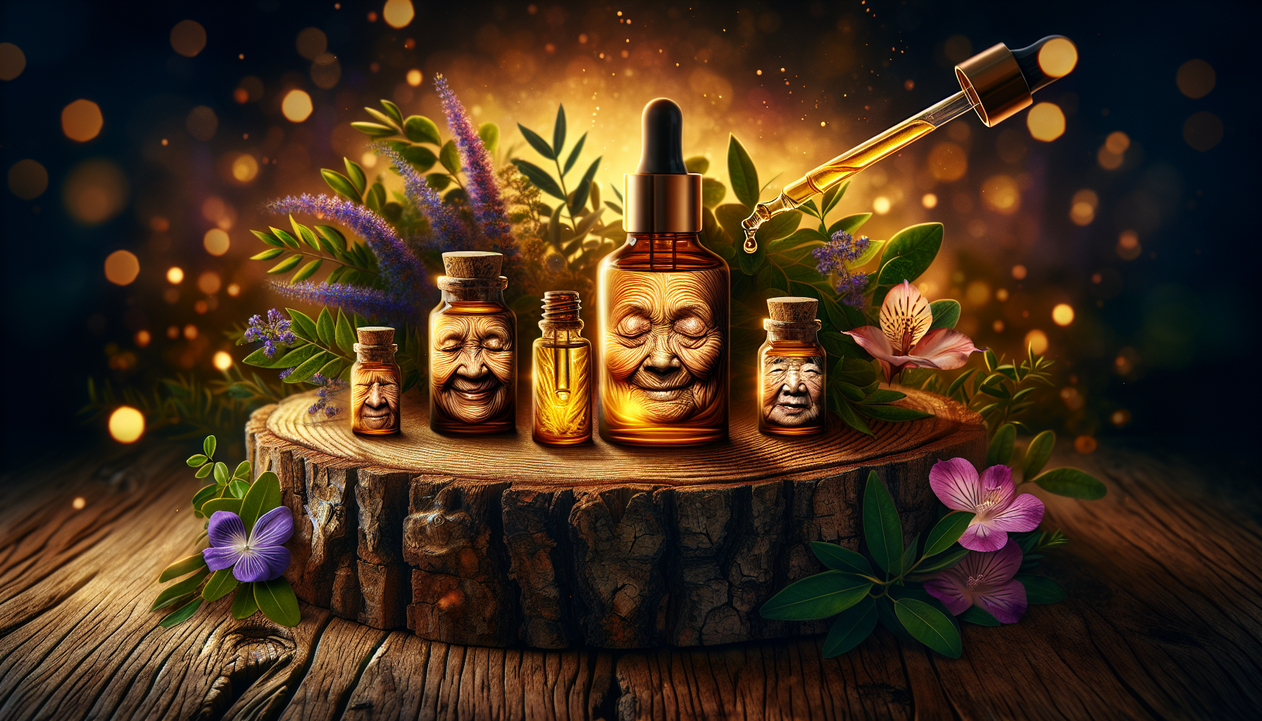 A conceptual illustration representing The Power of Essential Oils for Winter Skin Care. Visualize the main ideas: . Creative but clear representation of the concept. Style: Use shallow depth of field with selective focus to create a professional, intimate feel Employ warm, natural lighting that casts a honey-golden glow on the main subjects Position items on a rustic wooden surface, preferably a cross-section of a tree trunk with visible rings and natural texture Incorporate vibrant green foliage and delicate purple flowers around the composition's edges Maintain a soft, gently blurred natural background with subtle bokeh effect Feature a harmonious color palette of amber, deep greens, and soft purples Arrange elements at varying heights to create visual interest and natural flow Create a clean, uncluttered composition that feels organic yet intentional Capture fine details and textures with macro-photography techniques Evoke a serene, botanical spa-like atmosphere that feels both premium and natural. high quality, detailed, professional, clean composition, good lighting, sharp focus, well-composed. high quality, professional, detailed, well-composed