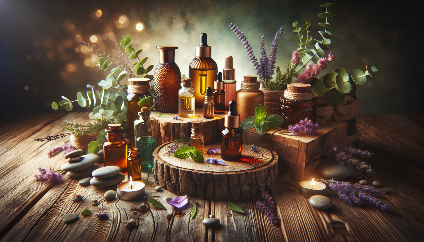 A conceptual illustration representing Top Essential Oils for Winter Skin. Visualize the main ideas: . Creative but clear representation of the concept. Style: Use shallow depth of field with selective focus to create a professional, intimate feel Employ warm, natural lighting that casts a honey-golden glow on the main subjects Position items on a rustic wooden surface, preferably a cross-section of a tree trunk with visible rings and natural texture Incorporate vibrant green foliage and delicate purple flowers around the composition's edges Maintain a soft, gently blurred natural background with subtle bokeh effect Feature a harmonious color palette of amber, deep greens, and soft purples Arrange elements at varying heights to create visual interest and natural flow Create a clean, uncluttered composition that feels organic yet intentional Capture fine details and textures with macro-photography techniques Evoke a serene, botanical spa-like atmosphere that feels both premium and natural. high quality, detailed, professional, clean composition, good lighting, sharp focus, well-composed. high quality, professional, detailed, well-composed