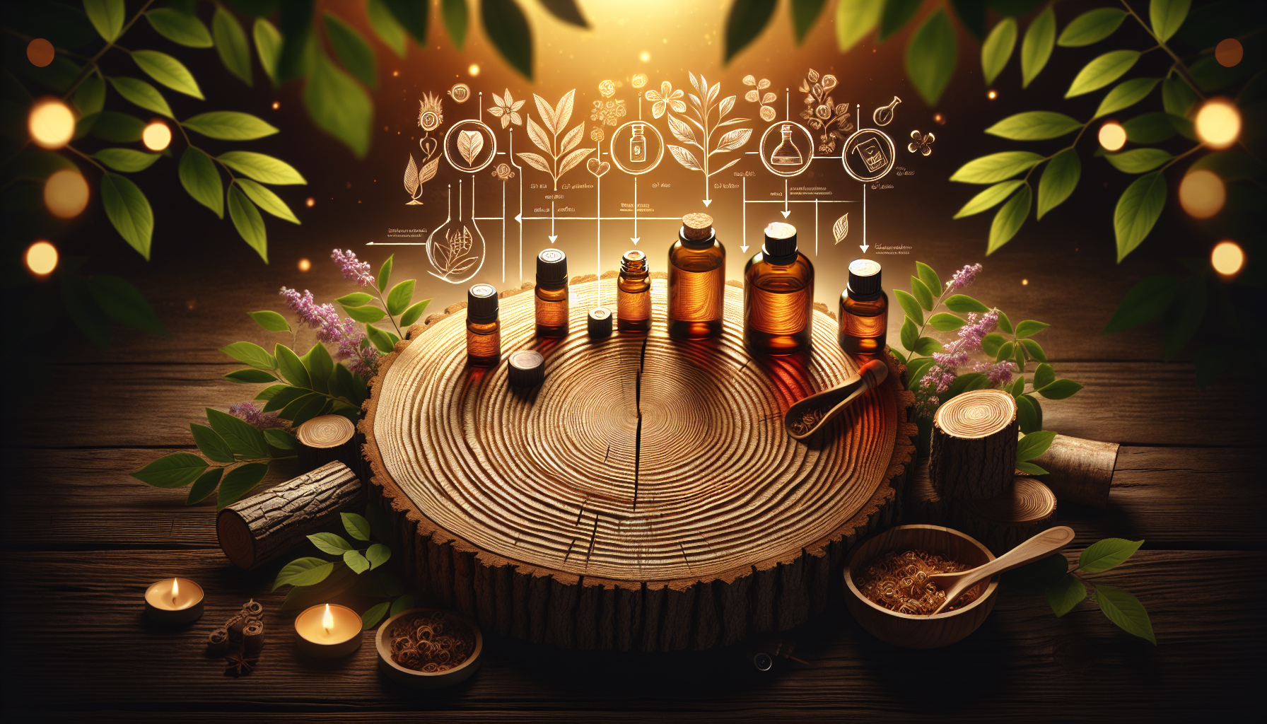 A clear, step-by-step visual illustration showing How to Use Essential Oils Safely and Effectively. Focus on . Include visual elements like arrows, numbered steps, or sequential flow. Professional and instructional style. Style: Use shallow depth of field with selective focus to create a professional, intimate feel Employ warm, natural lighting that casts a honey-golden glow on the main subjects Position items on a rustic wooden surface, preferably a cross-section of a tree trunk with visible rings and natural texture Incorporate vibrant green foliage and delicate purple flowers around the composition's edges Maintain a soft, gently blurred natural background with subtle bokeh effect Feature a harmonious color palette of amber, deep greens, and soft purples Arrange elements at varying heights to create visual interest and natural flow Create a clean, uncluttered composition that feels organic yet intentional Capture fine details and textures with macro-photography techniques Evoke a serene, botanical spa-like atmosphere that feels both premium and natural. high quality, detailed, professional, clean composition, good lighting, sharp focus, well-composed. high quality, professional, detailed, well-composed