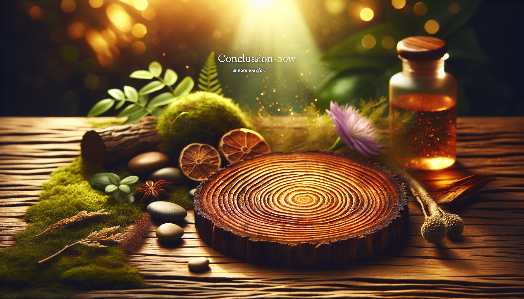 A conceptual illustration representing Conclusion: Embrace the Glow. Visualize the main ideas: . Creative but clear representation of the concept. Style: Use shallow depth of field with selective focus to create a professional, intimate feel Employ warm, natural lighting that casts a honey-golden glow on the main subjects Position items on a rustic wooden surface, preferably a cross-section of a tree trunk with visible rings and natural texture Incorporate vibrant green foliage and delicate purple flowers around the composition's edges Maintain a soft, gently blurred natural background with subtle bokeh effect Feature a harmonious color palette of amber, deep greens, and soft purples Arrange elements at varying heights to create visual interest and natural flow Create a clean, uncluttered composition that feels organic yet intentional Capture fine details and textures with macro-photography techniques Evoke a serene, botanical spa-like atmosphere that feels both premium and natural. high quality, detailed, professional, clean composition, good lighting, sharp focus, well-composed. high quality, professional, detailed, well-composed