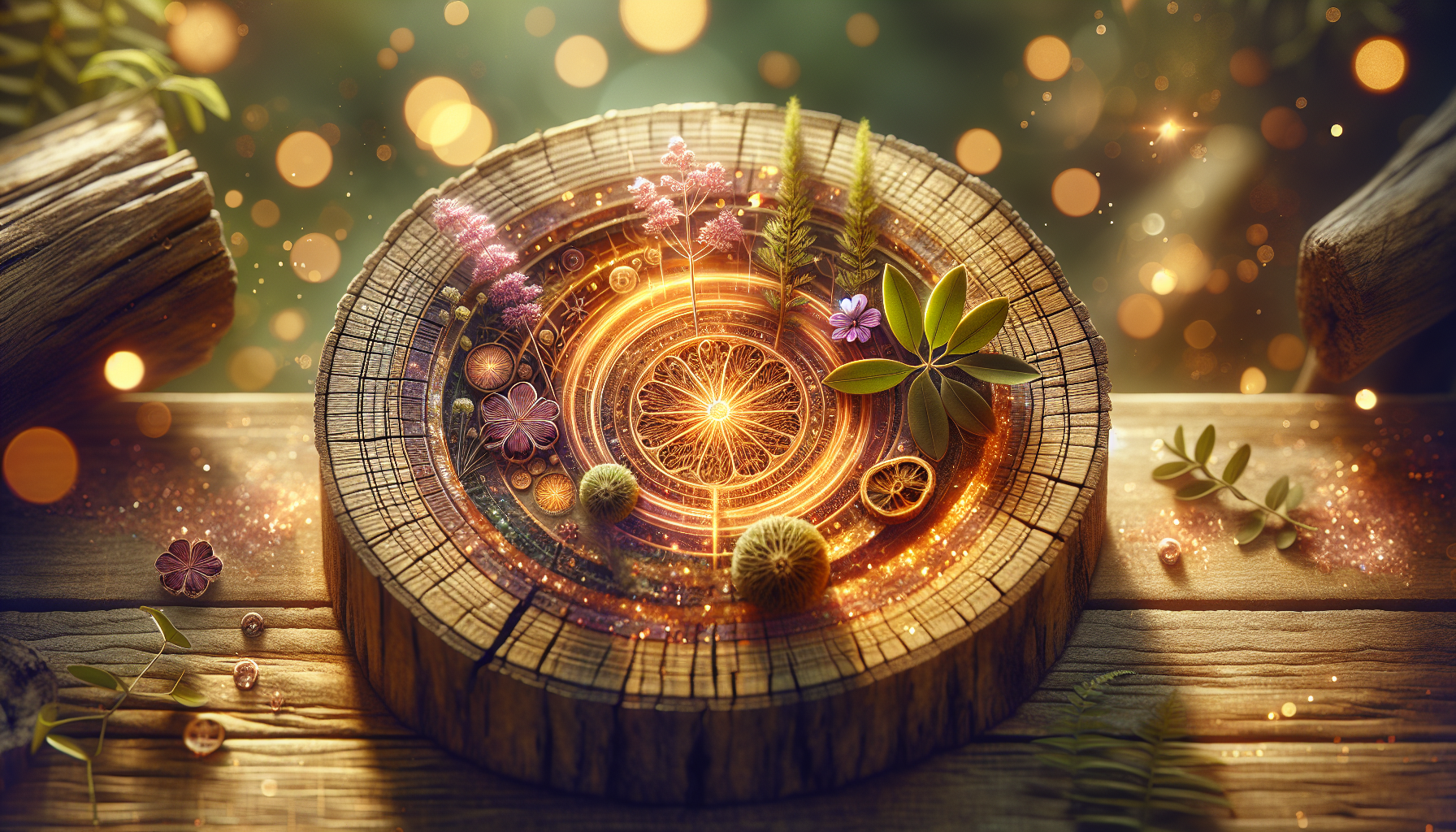A conceptual illustration representing Introduction - The Aromatic Path to Enhanced Focus. Visualize the main ideas: . Creative but clear representation of the concept. Style: Use shallow depth of field with selective focus to create a professional, intimate feel Employ warm, natural lighting that casts a honey-golden glow on the main subjects Position items on a rustic wooden surface, preferably a cross-section of a tree trunk with visible rings and natural texture Incorporate vibrant green foliage and delicate purple flowers around the composition's edges Maintain a soft, gently blurred natural background with subtle bokeh effect Feature a harmonious color palette of amber, deep greens, and soft purples Arrange elements at varying heights to create visual interest and natural flow Create a clean, uncluttered composition that feels organic yet intentional Capture fine details and textures with macro-photography techniques Evoke a serene, botanical spa-like atmosphere that feels both premium and natural. high quality, detailed, professional, clean composition, good lighting, sharp focus, well-composed. high quality, professional, detailed, well-composed