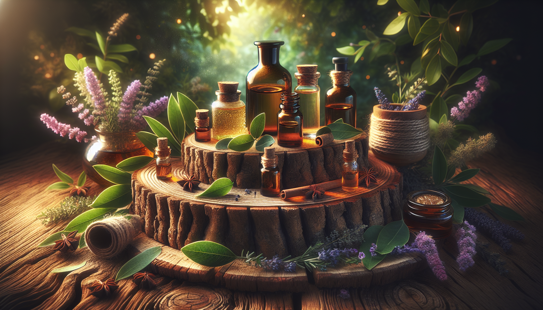 A conceptual illustration representing Key Essential Oils for Boosting Concentration. Visualize the main ideas: . Creative but clear representation of the concept. Style: Use shallow depth of field with selective focus to create a professional, intimate feel Employ warm, natural lighting that casts a honey-golden glow on the main subjects Position items on a rustic wooden surface, preferably a cross-section of a tree trunk with visible rings and natural texture Incorporate vibrant green foliage and delicate purple flowers around the composition's edges Maintain a soft, gently blurred natural background with subtle bokeh effect Feature a harmonious color palette of amber, deep greens, and soft purples Arrange elements at varying heights to create visual interest and natural flow Create a clean, uncluttered composition that feels organic yet intentional Capture fine details and textures with macro-photography techniques Evoke a serene, botanical spa-like atmosphere that feels both premium and natural. high quality, detailed, professional, clean composition, good lighting, sharp focus, well-composed. high quality, professional, detailed, well-composed