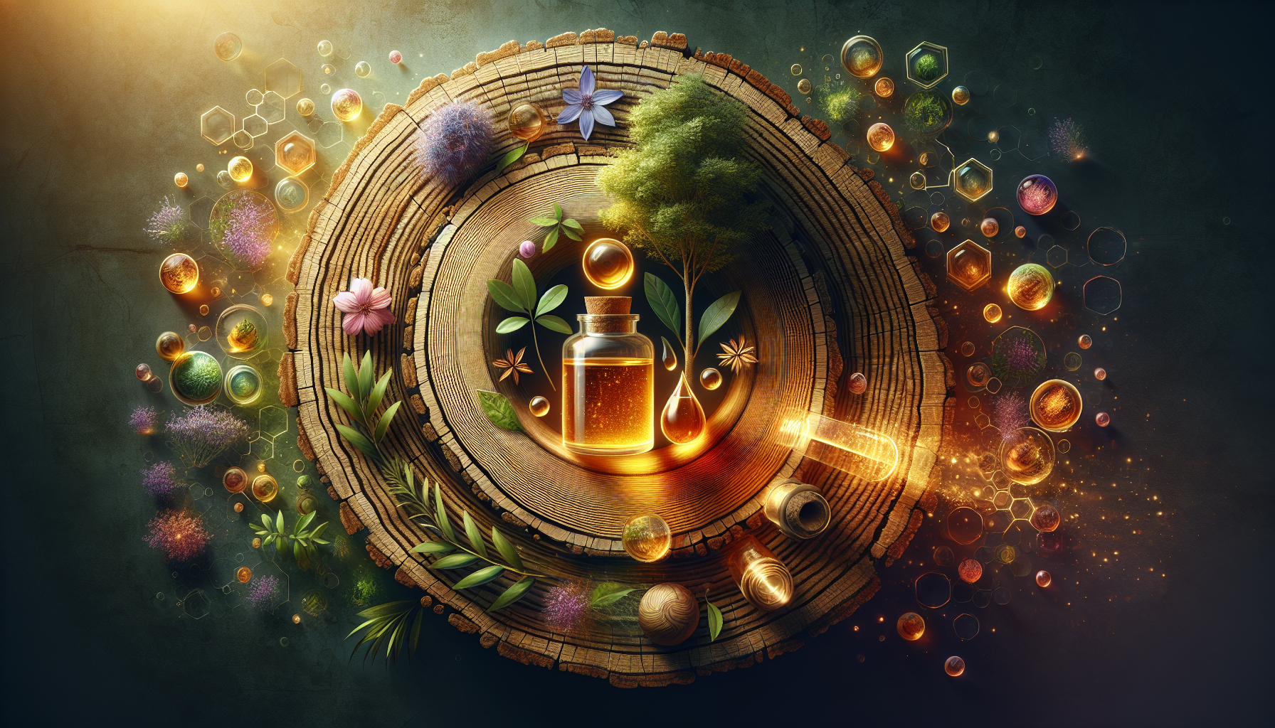 A conceptual illustration representing Scientific Insights on Essential Oils and Cognition. Visualize the main ideas: . Creative but clear representation of the concept. Style: Use shallow depth of field with selective focus to create a professional, intimate feel Employ warm, natural lighting that casts a honey-golden glow on the main subjects Position items on a rustic wooden surface, preferably a cross-section of a tree trunk with visible rings and natural texture Incorporate vibrant green foliage and delicate purple flowers around the composition's edges Maintain a soft, gently blurred natural background with subtle bokeh effect Feature a harmonious color palette of amber, deep greens, and soft purples Arrange elements at varying heights to create visual interest and natural flow Create a clean, uncluttered composition that feels organic yet intentional Capture fine details and textures with macro-photography techniques Evoke a serene, botanical spa-like atmosphere that feels both premium and natural. high quality, detailed, professional, clean composition, good lighting, sharp focus, well-composed. high quality, professional, detailed, well-composed