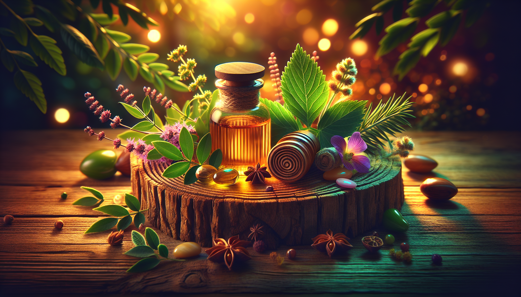 A conceptual illustration representing Practical Application for Students. Visualize the main ideas: . Creative but clear representation of the concept. Style: Use shallow depth of field with selective focus to create a professional, intimate feel Employ warm, natural lighting that casts a honey-golden glow on the main subjects Position items on a rustic wooden surface, preferably a cross-section of a tree trunk with visible rings and natural texture Incorporate vibrant green foliage and delicate purple flowers around the composition's edges Maintain a soft, gently blurred natural background with subtle bokeh effect Feature a harmonious color palette of amber, deep greens, and soft purples Arrange elements at varying heights to create visual interest and natural flow Create a clean, uncluttered composition that feels organic yet intentional Capture fine details and textures with macro-photography techniques Evoke a serene, botanical spa-like atmosphere that feels both premium and natural. high quality, detailed, professional, clean composition, good lighting, sharp focus, well-composed. high quality, professional, detailed, well-composed