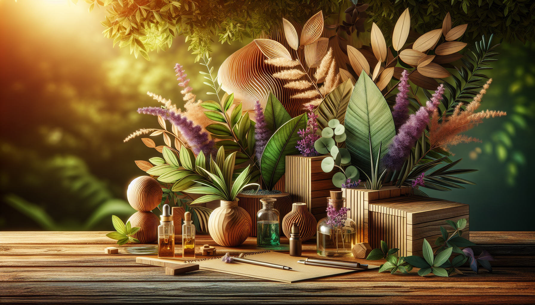 A conceptual illustration representing Introduction - A Breath of Fresh Air at Work. Visualize the main ideas: . Creative but clear representation of the concept. Style: Use shallow depth of field with selective focus to create a professional, intimate feel Employ warm, natural lighting that casts a honey-golden glow on the main subjects Position items on a rustic wooden surface, preferably a cross-section of a tree trunk with visible rings and natural texture Incorporate vibrant green foliage and delicate purple flowers around the composition's edges Maintain a soft, gently blurred natural background with subtle bokeh effect Feature a harmonious color palette of amber, deep greens, and soft purples Arrange elements at varying heights to create visual interest and natural flow Create a clean, uncluttered composition that feels organic yet intentional Capture fine details and textures with macro-photography techniques Evoke a serene, botanical spa-like atmosphere that feels both premium and natural. high quality, detailed, professional, clean composition, good lighting, sharp focus, well-composed. high quality, professional, detailed, well-composed