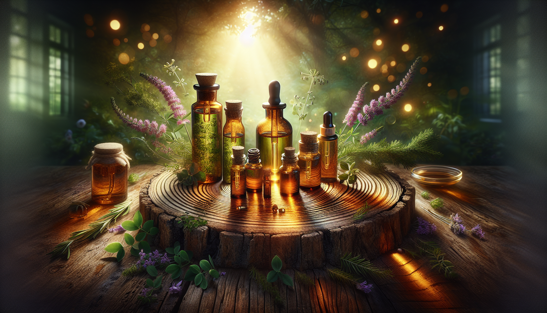 A conceptual illustration representing How Essential Oils Work. Visualize the main ideas: . Creative but clear representation of the concept. Style: Use shallow depth of field with selective focus to create a professional, intimate feel Employ warm, natural lighting that casts a honey-golden glow on the main subjects Position items on a rustic wooden surface, preferably a cross-section of a tree trunk with visible rings and natural texture Incorporate vibrant green foliage and delicate purple flowers around the composition's edges Maintain a soft, gently blurred natural background with subtle bokeh effect Feature a harmonious color palette of amber, deep greens, and soft purples Arrange elements at varying heights to create visual interest and natural flow Create a clean, uncluttered composition that feels organic yet intentional Capture fine details and textures with macro-photography techniques Evoke a serene, botanical spa-like atmosphere that feels both premium and natural. high quality, detailed, professional, clean composition, good lighting, sharp focus, well-composed. high quality, professional, detailed, well-composed