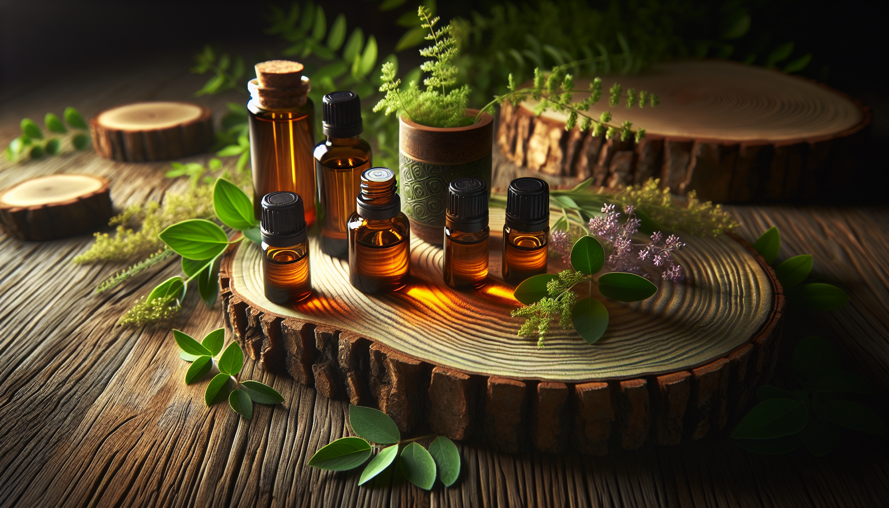 A realistic scene or environment setting for Top Essential Oils for Workplace Relaxation. Include in a natural, contextual setting. Show real-world application or usage. Style: Use shallow depth of field with selective focus to create a professional, intimate feel Employ warm, natural lighting that casts a honey-golden glow on the main subjects Position items on a rustic wooden surface, preferably a cross-section of a tree trunk with visible rings and natural texture Incorporate vibrant green foliage and delicate purple flowers around the composition's edges Maintain a soft, gently blurred natural background with subtle bokeh effect Feature a harmonious color palette of amber, deep greens, and soft purples Arrange elements at varying heights to create visual interest and natural flow Create a clean, uncluttered composition that feels organic yet intentional Capture fine details and textures with macro-photography techniques Evoke a serene, botanical spa-like atmosphere that feels both premium and natural. high quality, detailed, professional, clean composition, good lighting, sharp focus, well-composed. high quality, professional, detailed, well-composed