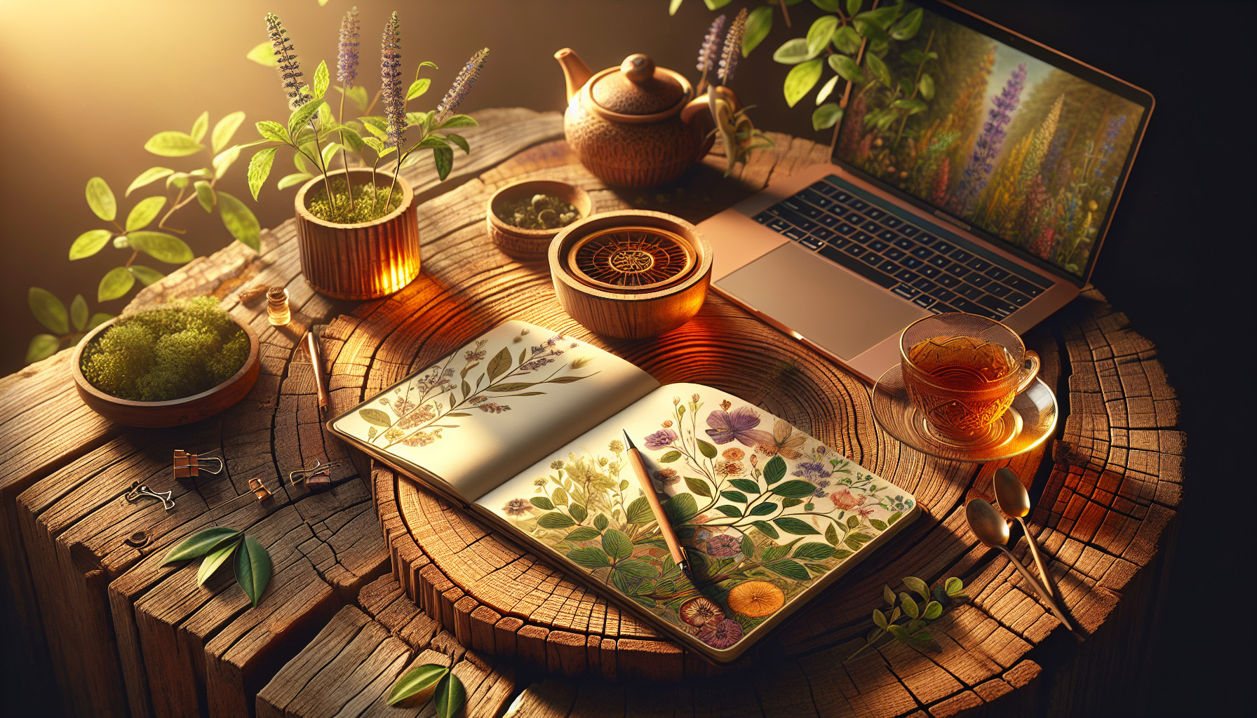 A realistic scene or environment setting for Practical Applications in the Workplace. Include in a natural, contextual setting. Show real-world application or usage. Style: Use shallow depth of field with selective focus to create a professional, intimate feel Employ warm, natural lighting that casts a honey-golden glow on the main subjects Position items on a rustic wooden surface, preferably a cross-section of a tree trunk with visible rings and natural texture Incorporate vibrant green foliage and delicate purple flowers around the composition's edges Maintain a soft, gently blurred natural background with subtle bokeh effect Feature a harmonious color palette of amber, deep greens, and soft purples Arrange elements at varying heights to create visual interest and natural flow Create a clean, uncluttered composition that feels organic yet intentional Capture fine details and textures with macro-photography techniques Evoke a serene, botanical spa-like atmosphere that feels both premium and natural. high quality, detailed, professional, clean composition, good lighting, sharp focus, well-composed. high quality, professional, detailed, well-composed