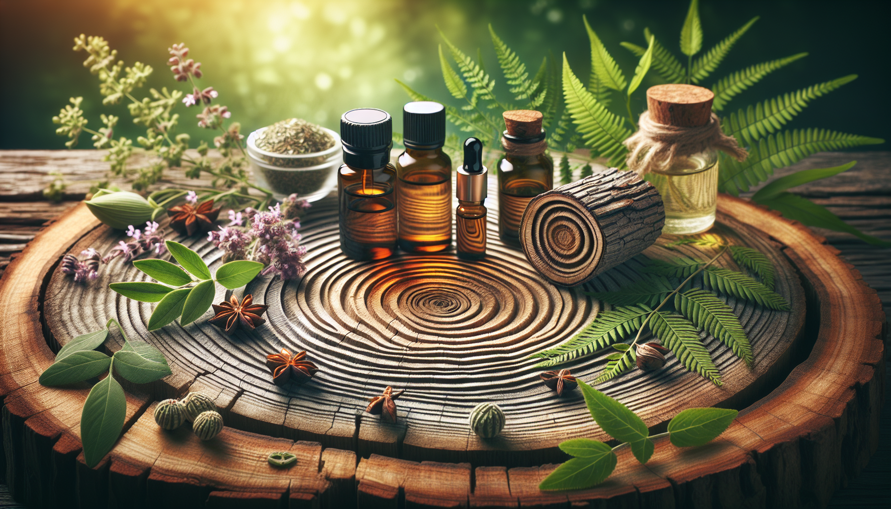A conceptual illustration representing Understanding Essential Oils and Digestive Health. Visualize the main ideas: . Creative but clear representation of the concept. Style: Use shallow depth of field with selective focus to create a professional, intimate feel Employ warm, natural lighting that casts a honey-golden glow on the main subjects Position items on a rustic wooden surface, preferably a cross-section of a tree trunk with visible rings and natural texture Incorporate vibrant green foliage and delicate purple flowers around the composition's edges Maintain a soft, gently blurred natural background with subtle bokeh effect Feature a harmonious color palette of amber, deep greens, and soft purples Arrange elements at varying heights to create visual interest and natural flow Create a clean, uncluttered composition that feels organic yet intentional Capture fine details and textures with macro-photography techniques Evoke a serene, botanical spa-like atmosphere that feels both premium and natural. high quality, detailed, professional, clean composition, good lighting, sharp focus, well-composed. high quality, professional, detailed, well-composed