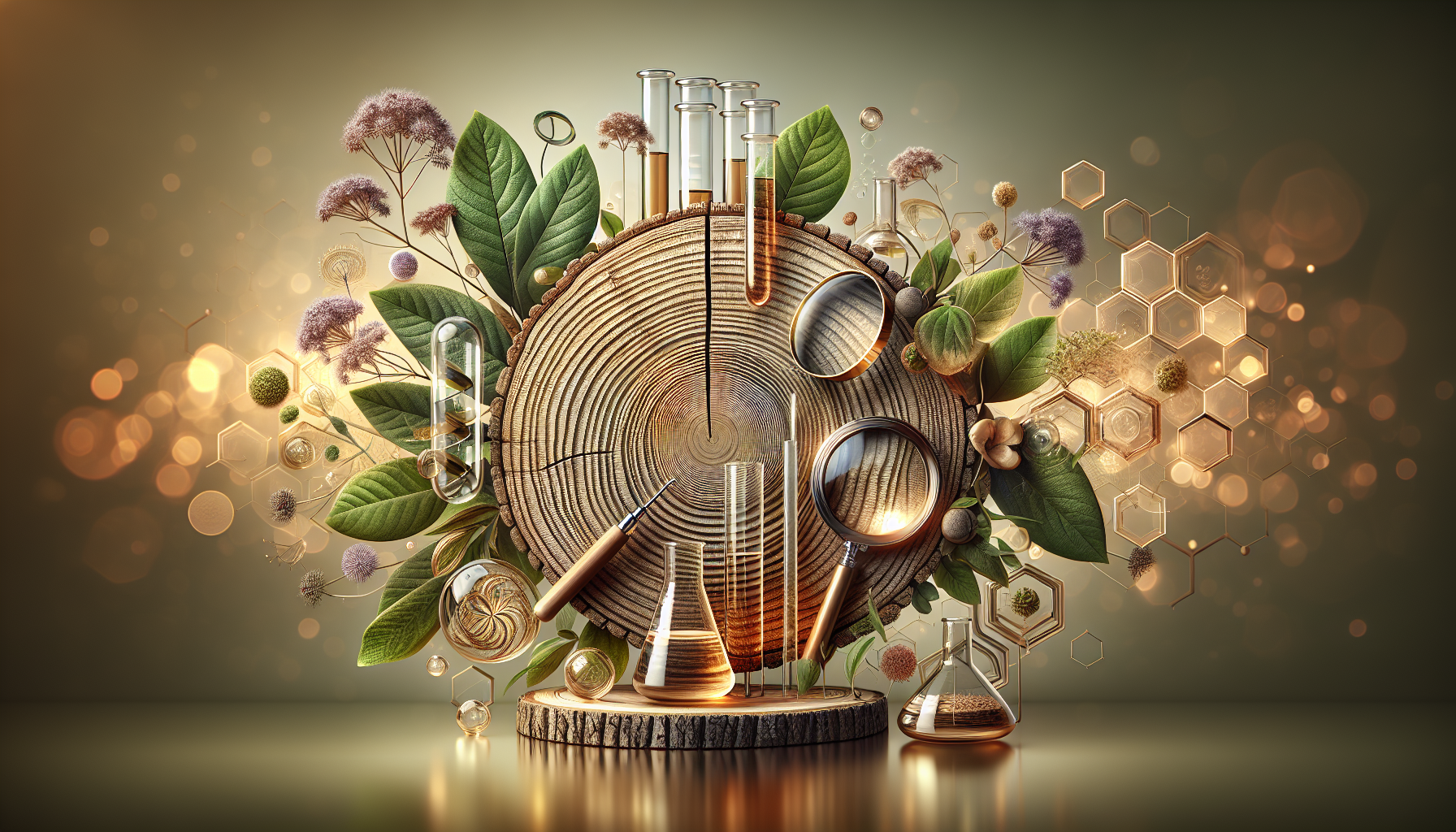 A conceptual illustration representing Scientific Insights and Evidence. Visualize the main ideas: . Creative but clear representation of the concept. Style: Use shallow depth of field with selective focus to create a professional, intimate feel Employ warm, natural lighting that casts a honey-golden glow on the main subjects Position items on a rustic wooden surface, preferably a cross-section of a tree trunk with visible rings and natural texture Incorporate vibrant green foliage and delicate purple flowers around the composition's edges Maintain a soft, gently blurred natural background with subtle bokeh effect Feature a harmonious color palette of amber, deep greens, and soft purples Arrange elements at varying heights to create visual interest and natural flow Create a clean, uncluttered composition that feels organic yet intentional Capture fine details and textures with macro-photography techniques Evoke a serene, botanical spa-like atmosphere that feels both premium and natural. high quality, detailed, professional, clean composition, good lighting, sharp focus, well-composed. high quality, professional, detailed, well-composed