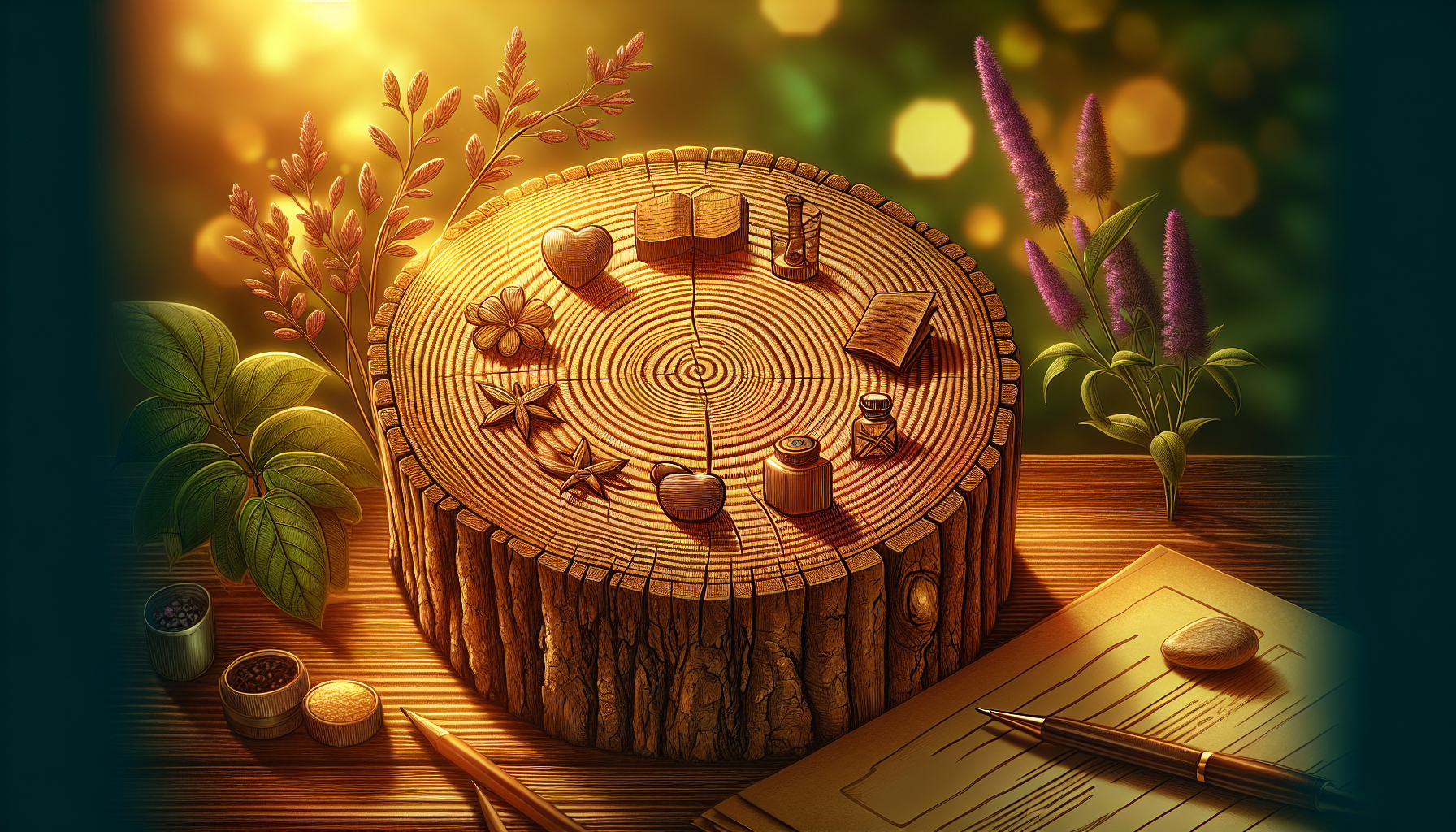 A conceptual illustration representing Safety Considerations and Best Practices. Visualize the main ideas: . Creative but clear representation of the concept. Style: Use shallow depth of field with selective focus to create a professional, intimate feel Employ warm, natural lighting that casts a honey-golden glow on the main subjects Position items on a rustic wooden surface, preferably a cross-section of a tree trunk with visible rings and natural texture Incorporate vibrant green foliage and delicate purple flowers around the composition's edges Maintain a soft, gently blurred natural background with subtle bokeh effect Feature a harmonious color palette of amber, deep greens, and soft purples Arrange elements at varying heights to create visual interest and natural flow Create a clean, uncluttered composition that feels organic yet intentional Capture fine details and textures with macro-photography techniques Evoke a serene, botanical spa-like atmosphere that feels both premium and natural. high quality, detailed, professional, clean composition, good lighting, sharp focus, well-composed. high quality, professional, detailed, well-composed