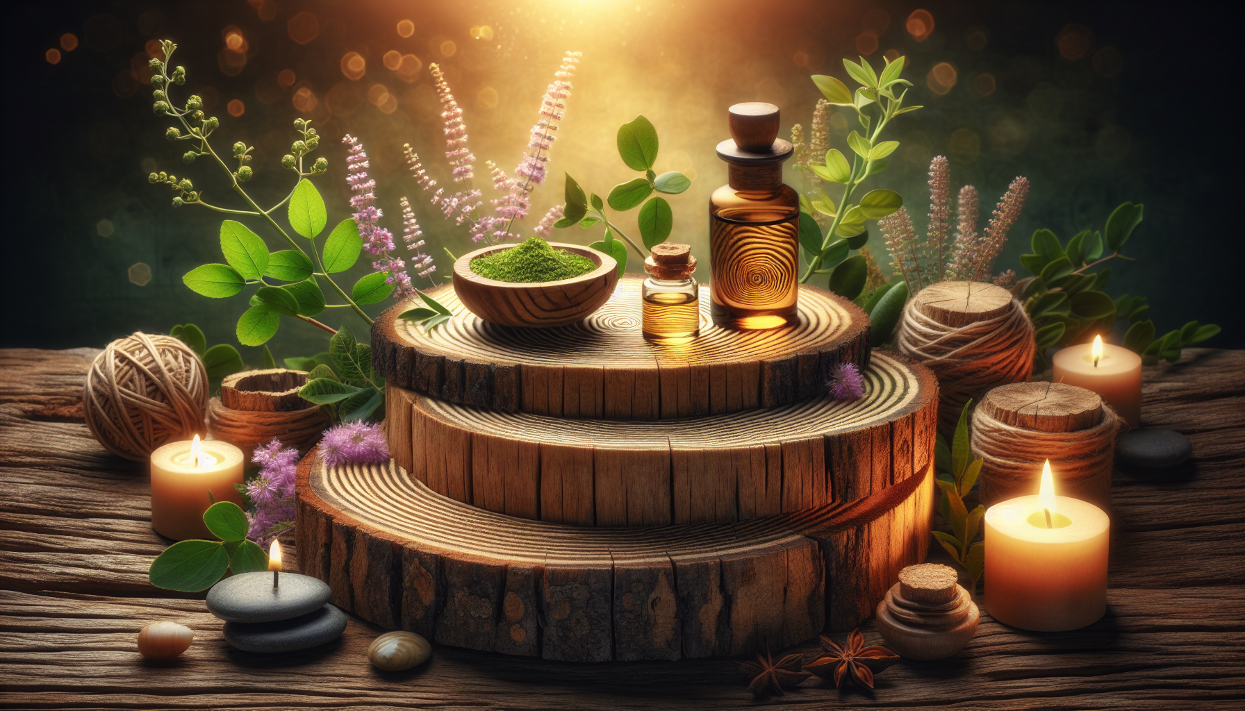 A conceptual illustration representing Conclusion - Navigating the Path to Wellness. Visualize the main ideas: . Creative but clear representation of the concept. Style: Use shallow depth of field with selective focus to create a professional, intimate feel Employ warm, natural lighting that casts a honey-golden glow on the main subjects Position items on a rustic wooden surface, preferably a cross-section of a tree trunk with visible rings and natural texture Incorporate vibrant green foliage and delicate purple flowers around the composition's edges Maintain a soft, gently blurred natural background with subtle bokeh effect Feature a harmonious color palette of amber, deep greens, and soft purples Arrange elements at varying heights to create visual interest and natural flow Create a clean, uncluttered composition that feels organic yet intentional Capture fine details and textures with macro-photography techniques Evoke a serene, botanical spa-like atmosphere that feels both premium and natural. high quality, detailed, professional, clean composition, good lighting, sharp focus, well-composed. high quality, professional, detailed, well-composed