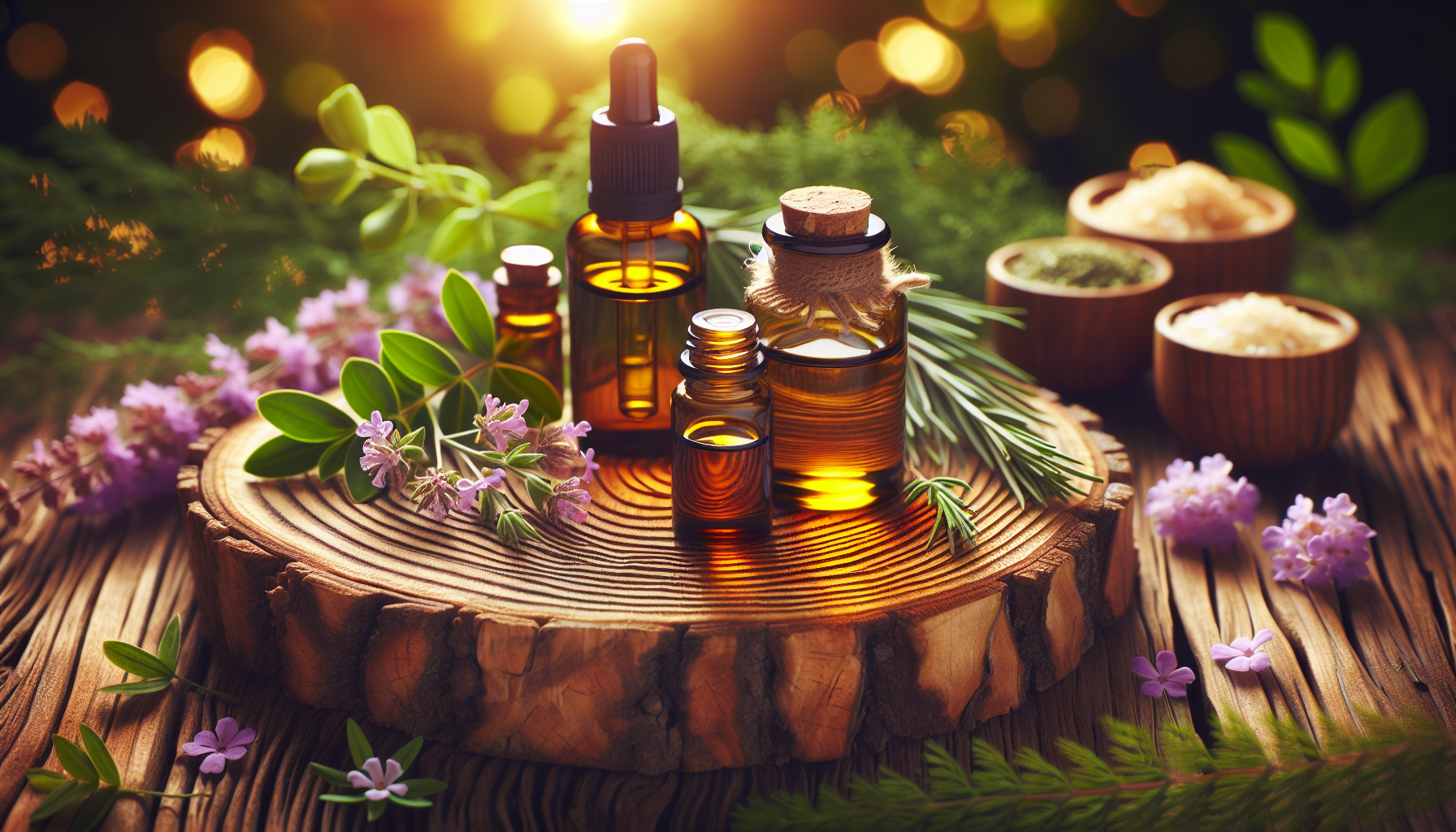 A conceptual illustration representing Essential Oils for Acne Management. Visualize the main ideas: . Creative but clear representation of the concept. Style: Use shallow depth of field with selective focus to create a professional, intimate feel Employ warm, natural lighting that casts a honey-golden glow on the main subjects Position items on a rustic wooden surface, preferably a cross-section of a tree trunk with visible rings and natural texture Incorporate vibrant green foliage and delicate purple flowers around the composition's edges Maintain a soft, gently blurred natural background with subtle bokeh effect Feature a harmonious color palette of amber, deep greens, and soft purples Arrange elements at varying heights to create visual interest and natural flow Create a clean, uncluttered composition that feels organic yet intentional Capture fine details and textures with macro-photography techniques Evoke a serene, botanical spa-like atmosphere that feels both premium and natural. high quality, detailed, professional, clean composition, good lighting, sharp focus, well-composed. high quality, professional, detailed, well-composed