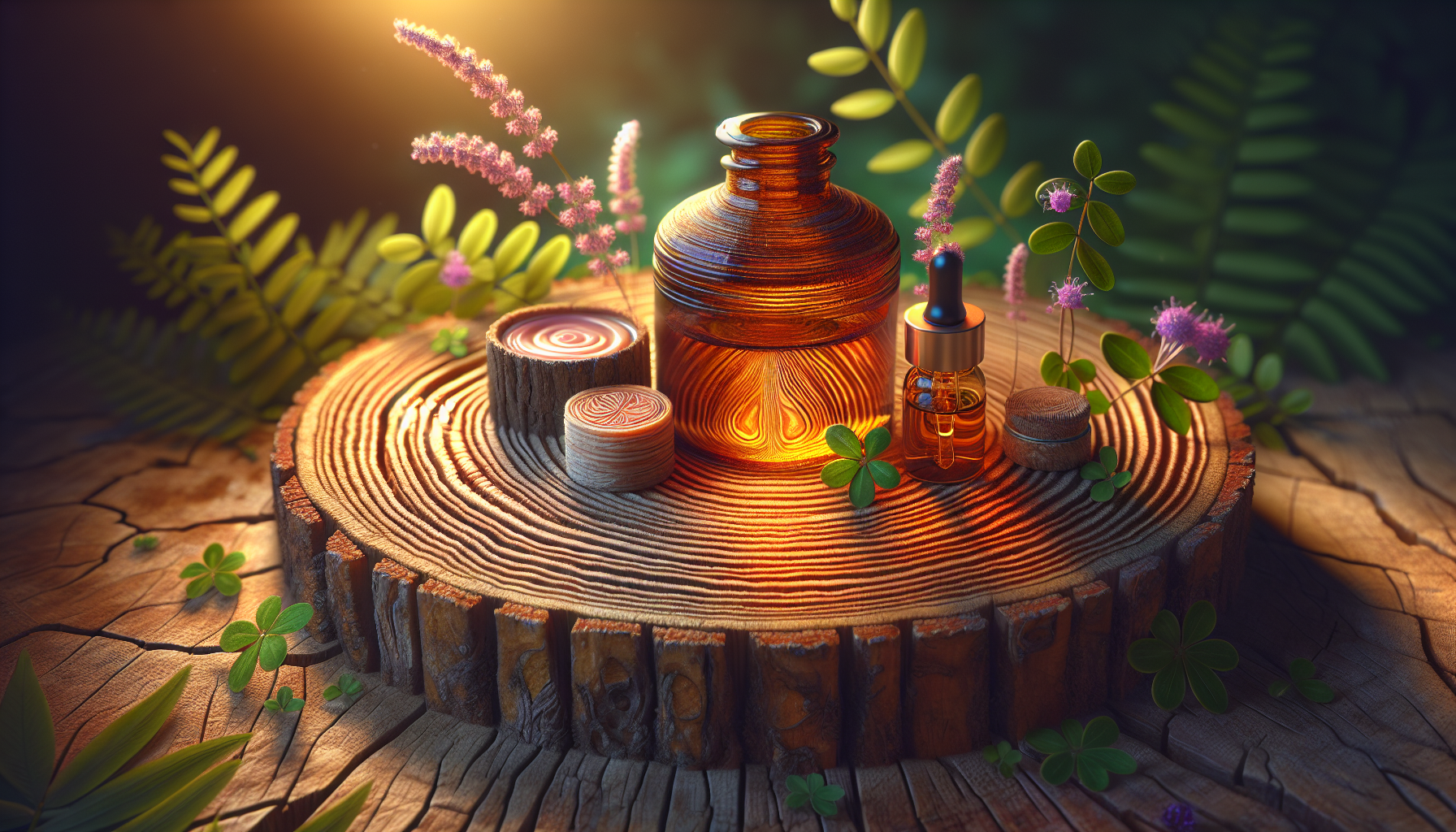 A conceptual illustration representing Soothing Atopic Dermatitis and Psoriasis. Visualize the main ideas: . Creative but clear representation of the concept. Style: Use shallow depth of field with selective focus to create a professional, intimate feel Employ warm, natural lighting that casts a honey-golden glow on the main subjects Position items on a rustic wooden surface, preferably a cross-section of a tree trunk with visible rings and natural texture Incorporate vibrant green foliage and delicate purple flowers around the composition's edges Maintain a soft, gently blurred natural background with subtle bokeh effect Feature a harmonious color palette of amber, deep greens, and soft purples Arrange elements at varying heights to create visual interest and natural flow Create a clean, uncluttered composition that feels organic yet intentional Capture fine details and textures with macro-photography techniques Evoke a serene, botanical spa-like atmosphere that feels both premium and natural. high quality, detailed, professional, clean composition, good lighting, sharp focus, well-composed. high quality, professional, detailed, well-composed
