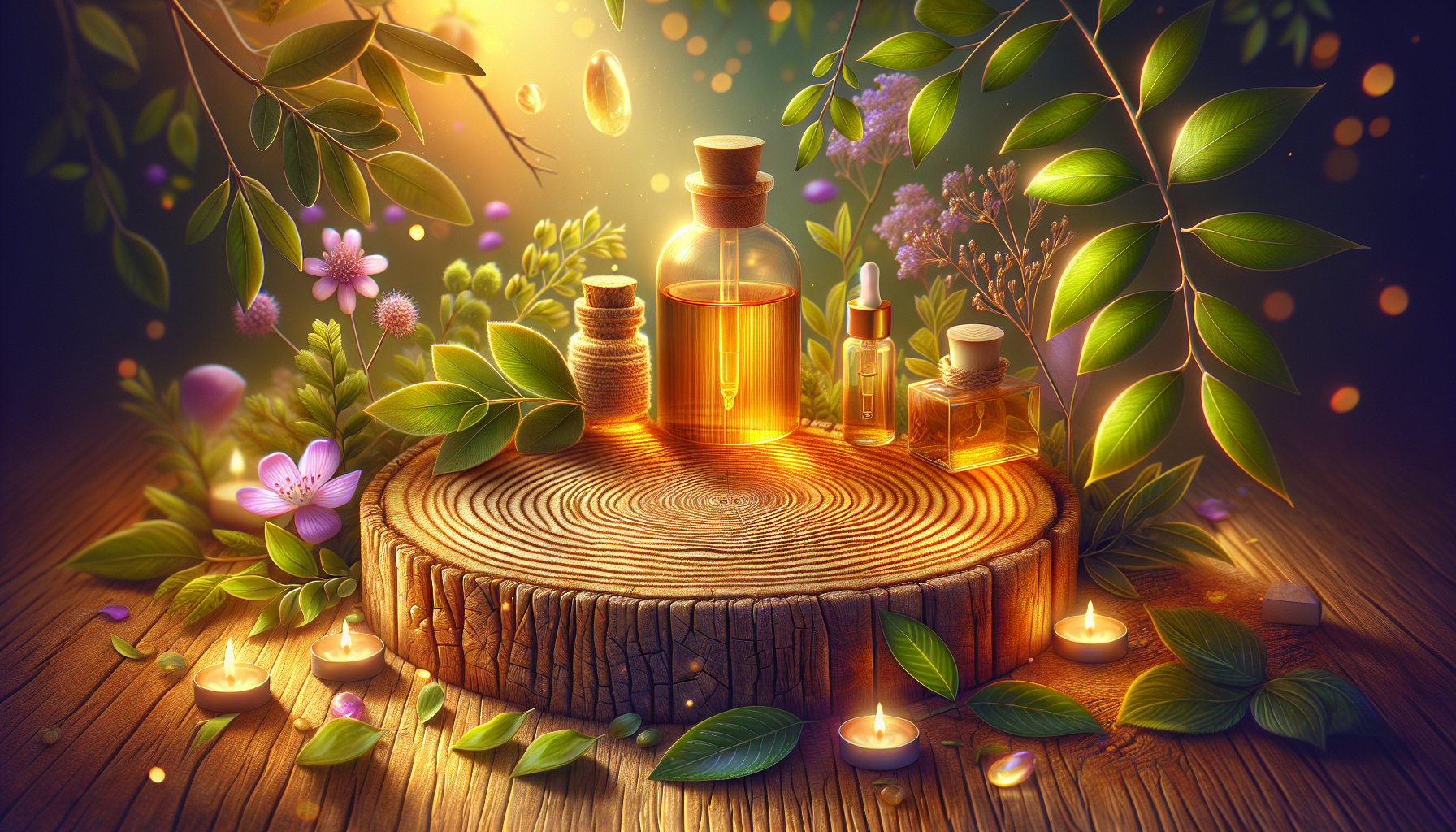 A conceptual illustration representing Safety Considerations for Teen Skin. Visualize the main ideas: . Creative but clear representation of the concept. Style: Use shallow depth of field with selective focus to create a professional, intimate feel Employ warm, natural lighting that casts a honey-golden glow on the main subjects Position items on a rustic wooden surface, preferably a cross-section of a tree trunk with visible rings and natural texture Incorporate vibrant green foliage and delicate purple flowers around the composition's edges Maintain a soft, gently blurred natural background with subtle bokeh effect Feature a harmonious color palette of amber, deep greens, and soft purples Arrange elements at varying heights to create visual interest and natural flow Create a clean, uncluttered composition that feels organic yet intentional Capture fine details and textures with macro-photography techniques Evoke a serene, botanical spa-like atmosphere that feels both premium and natural. high quality, detailed, professional, clean composition, good lighting, sharp focus, well-composed. high quality, professional, detailed, well-composed