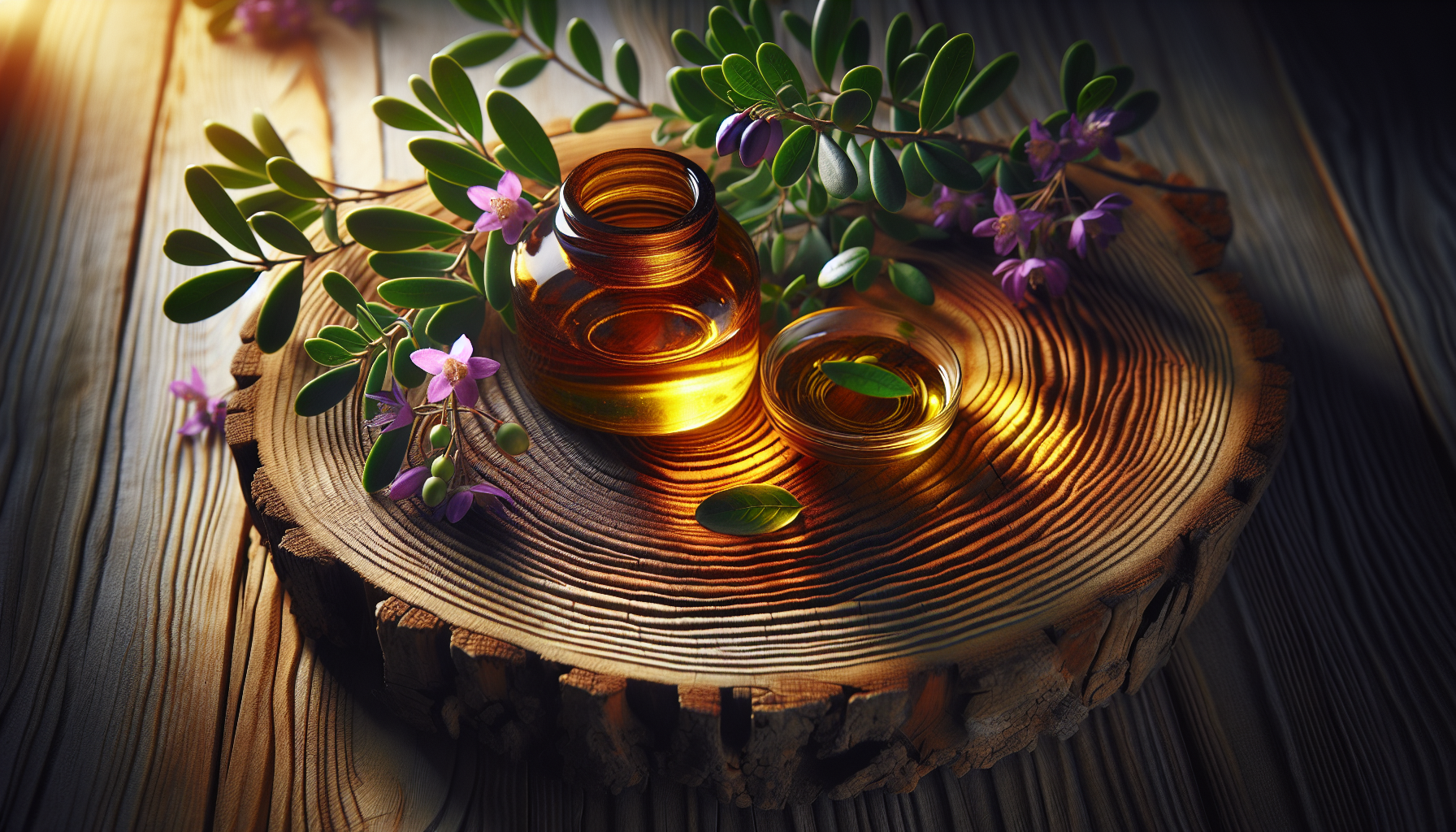 A conceptual illustration representing Introduction - A Breath of Fresh Support. Visualize the main ideas: . Creative but clear representation of the concept. Style: Use shallow depth of field with selective focus to create a professional, intimate feel Employ warm, natural lighting that casts a honey-golden glow on the main subjects Position items on a rustic wooden surface, preferably a cross-section of a tree trunk with visible rings and natural texture Incorporate vibrant green foliage and delicate purple flowers around the composition's edges Maintain a soft, gently blurred natural background with subtle bokeh effect Feature a harmonious color palette of amber, deep greens, and soft purples Arrange elements at varying heights to create visual interest and natural flow Create a clean, uncluttered composition that feels organic yet intentional Capture fine details and textures with macro-photography techniques Evoke a serene, botanical spa-like atmosphere that feels both premium and natural. high quality, detailed, professional, clean composition, good lighting, sharp focus, well-composed. high quality, professional, detailed, well-composed