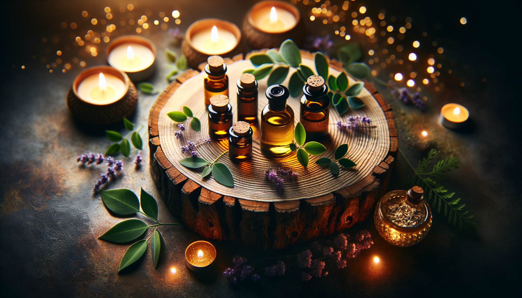 A conceptual illustration representing The Emotional Benefits of Essential Oils. Visualize the main ideas: . Creative but clear representation of the concept. Style: Use shallow depth of field with selective focus to create a professional, intimate feel Employ warm, natural lighting that casts a honey-golden glow on the main subjects Position items on a rustic wooden surface, preferably a cross-section of a tree trunk with visible rings and natural texture Incorporate vibrant green foliage and delicate purple flowers around the composition's edges Maintain a soft, gently blurred natural background with subtle bokeh effect Feature a harmonious color palette of amber, deep greens, and soft purples Arrange elements at varying heights to create visual interest and natural flow Create a clean, uncluttered composition that feels organic yet intentional Capture fine details and textures with macro-photography techniques Evoke a serene, botanical spa-like atmosphere that feels both premium and natural. high quality, detailed, professional, clean composition, good lighting, sharp focus, well-composed. high quality, professional, detailed, well-composed
